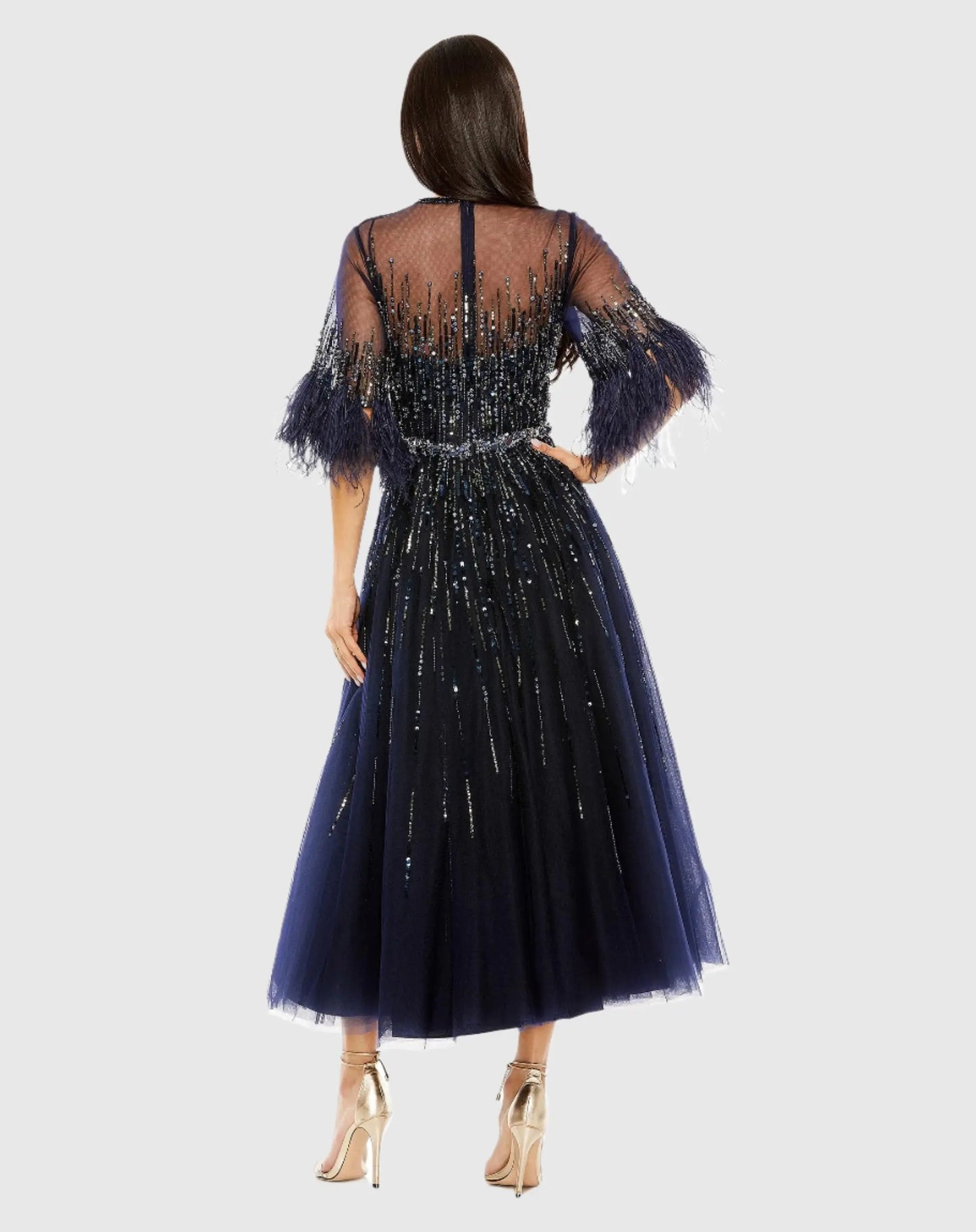 High Neck A-Line Tea-Length Dress with 3/4 Feather Detail Sleeves - Mac Duggal