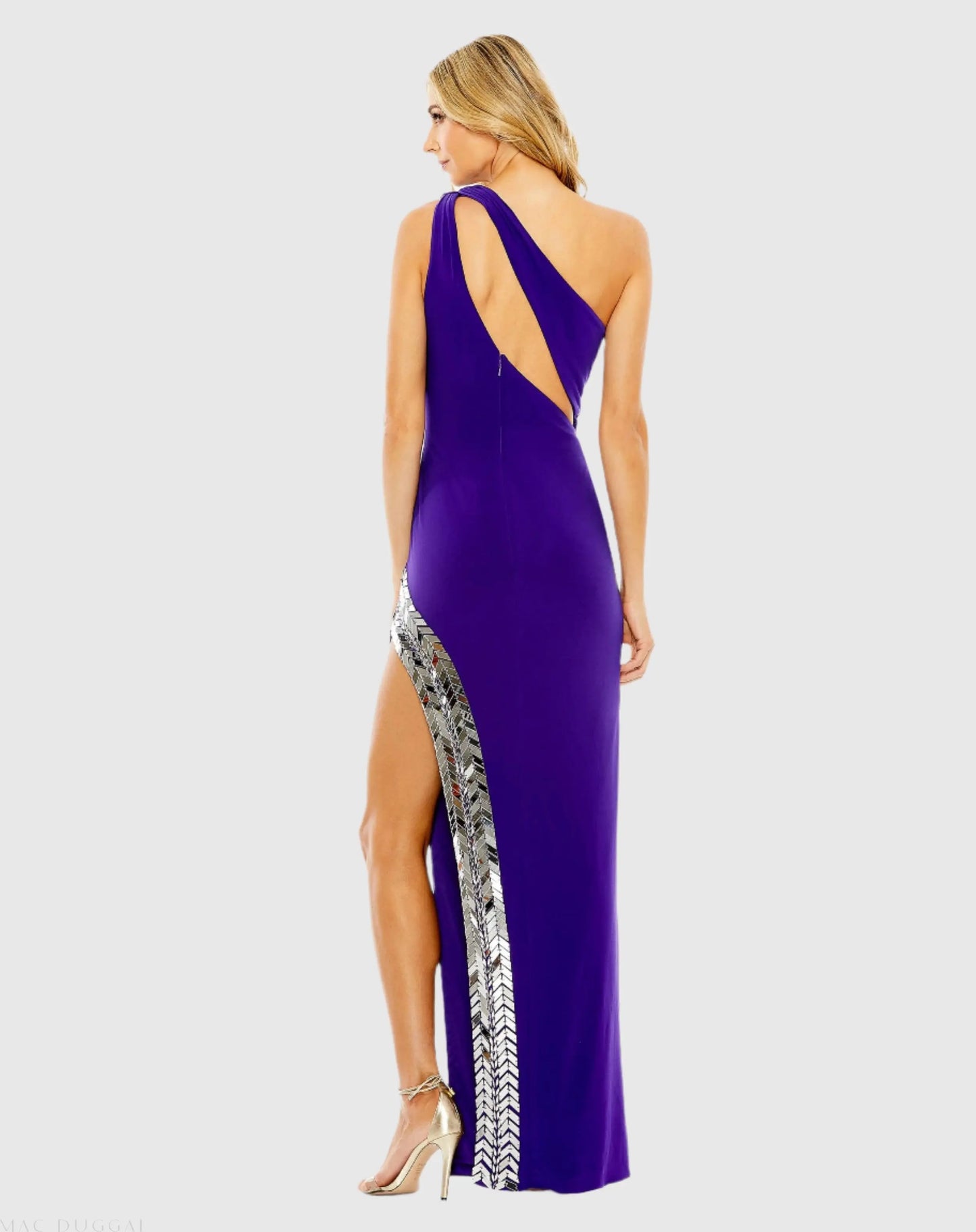 Purple One Shoulder Cut Out Mirror Sequin High Slit Gown - Mac Duggal