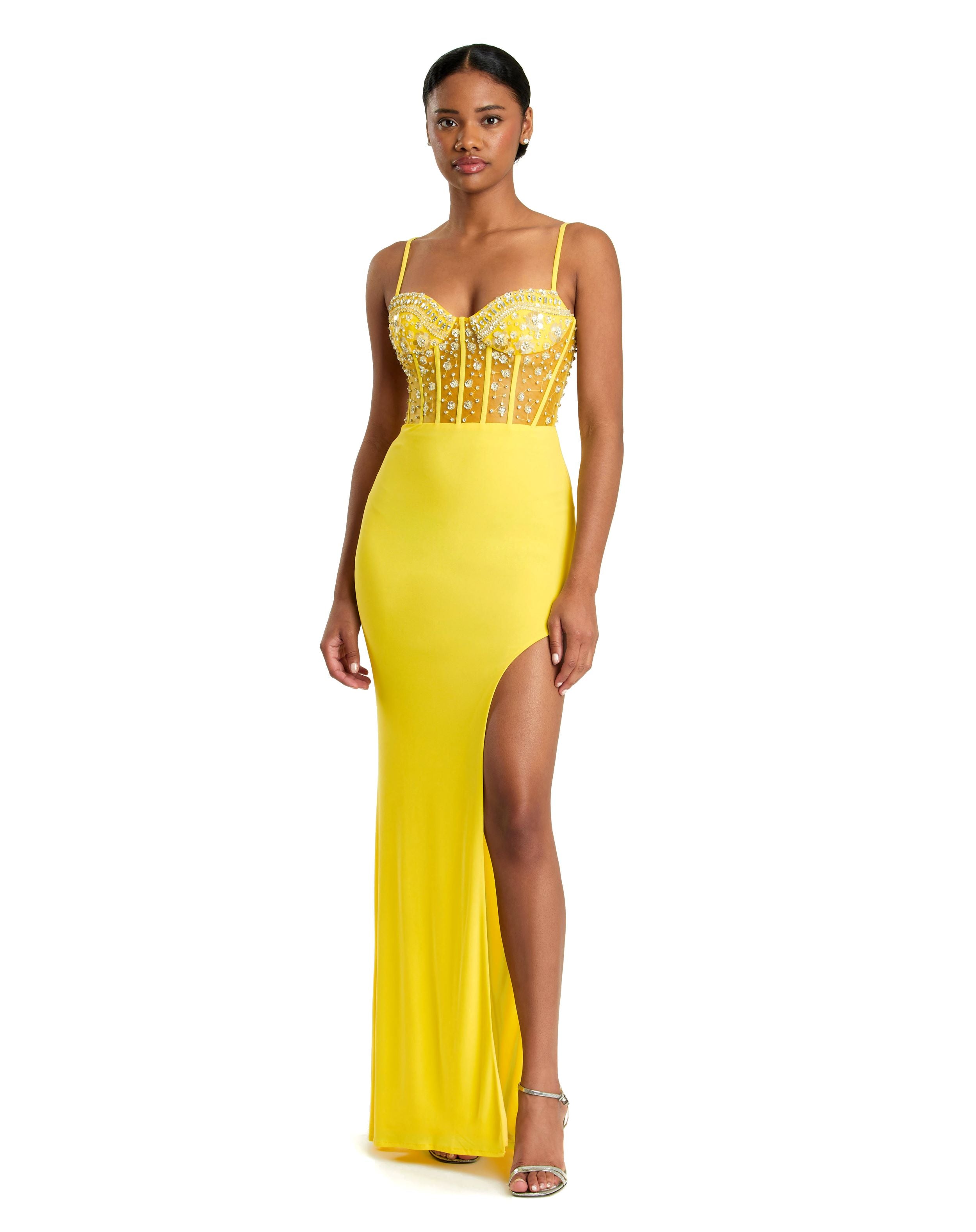 Spaghetti Strap Beaded Sheer Bodice Gown with Slit - FINAL SALE
