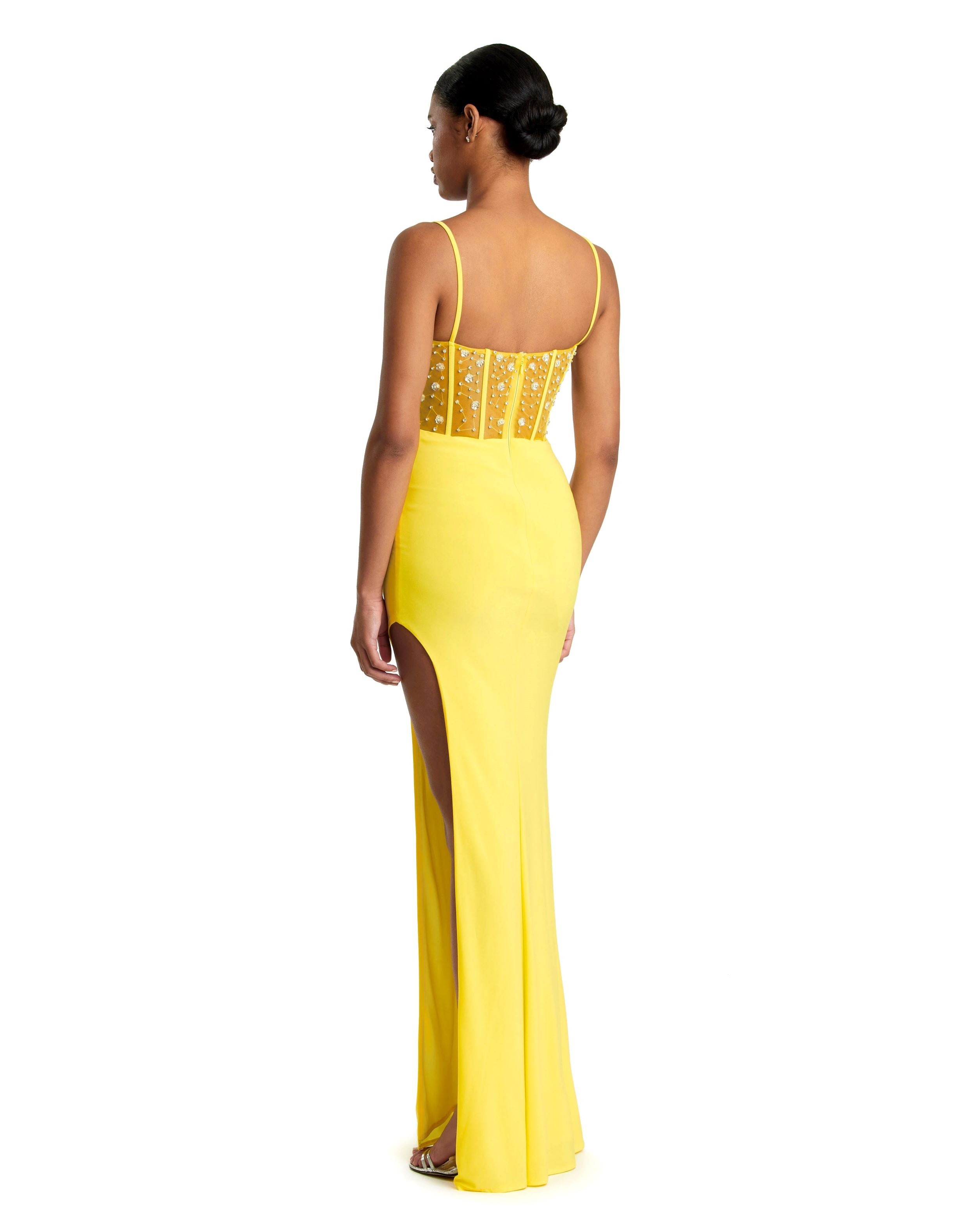 Spaghetti Strap Beaded Sheer Bodice Gown with Slit - FINAL SALE
