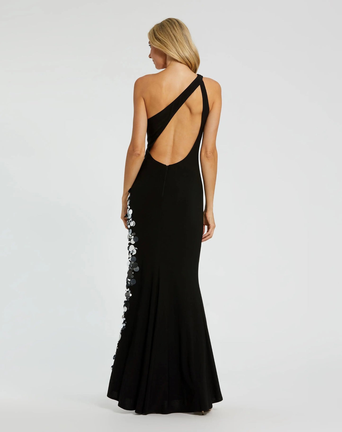 Black One Shoulder Keyhole Gown with Embellished Slit - Mac Duggal