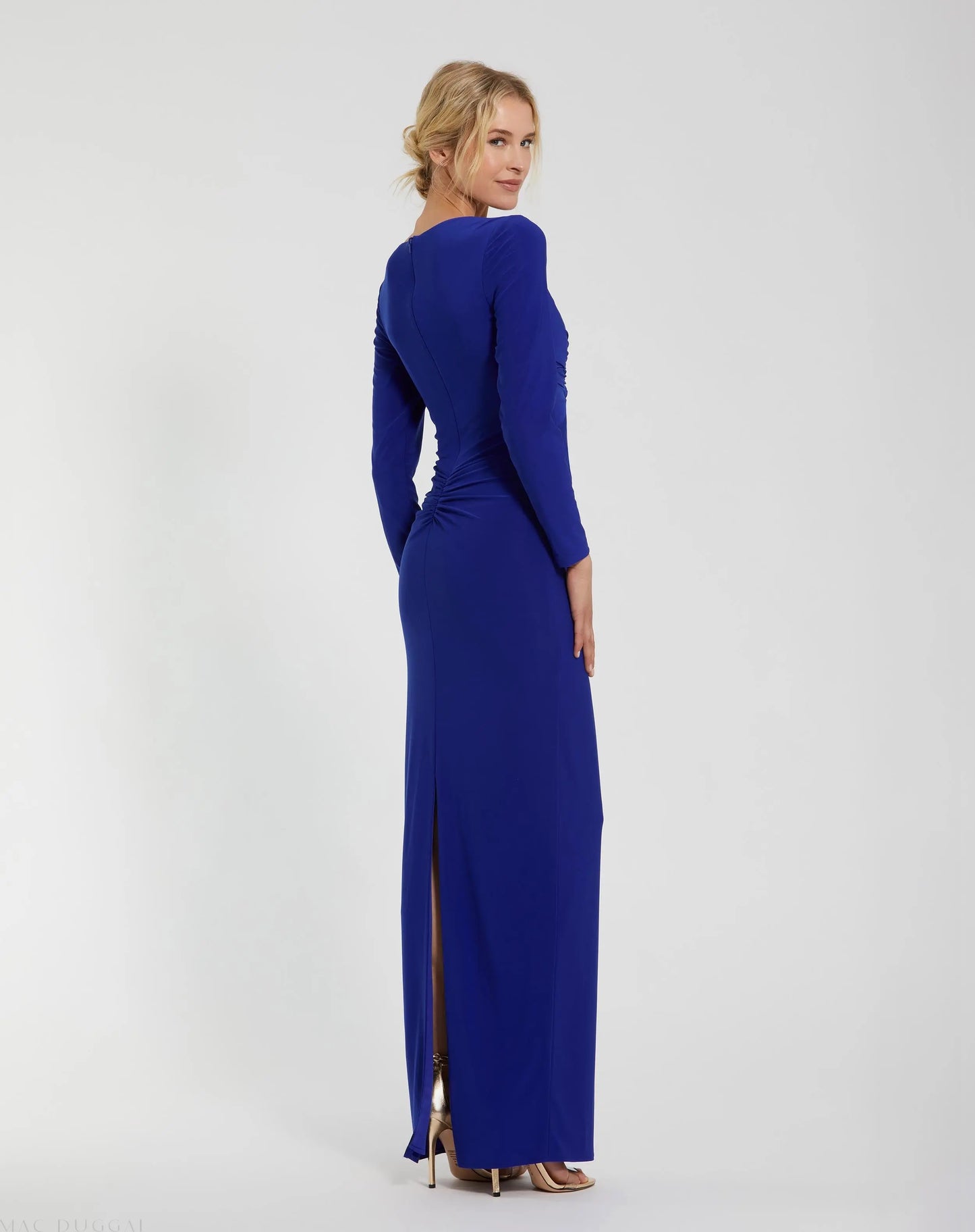 Blue Long Sleeve Jersey V Neck Twist Knot Gown - Ieena for Mac Duggal
