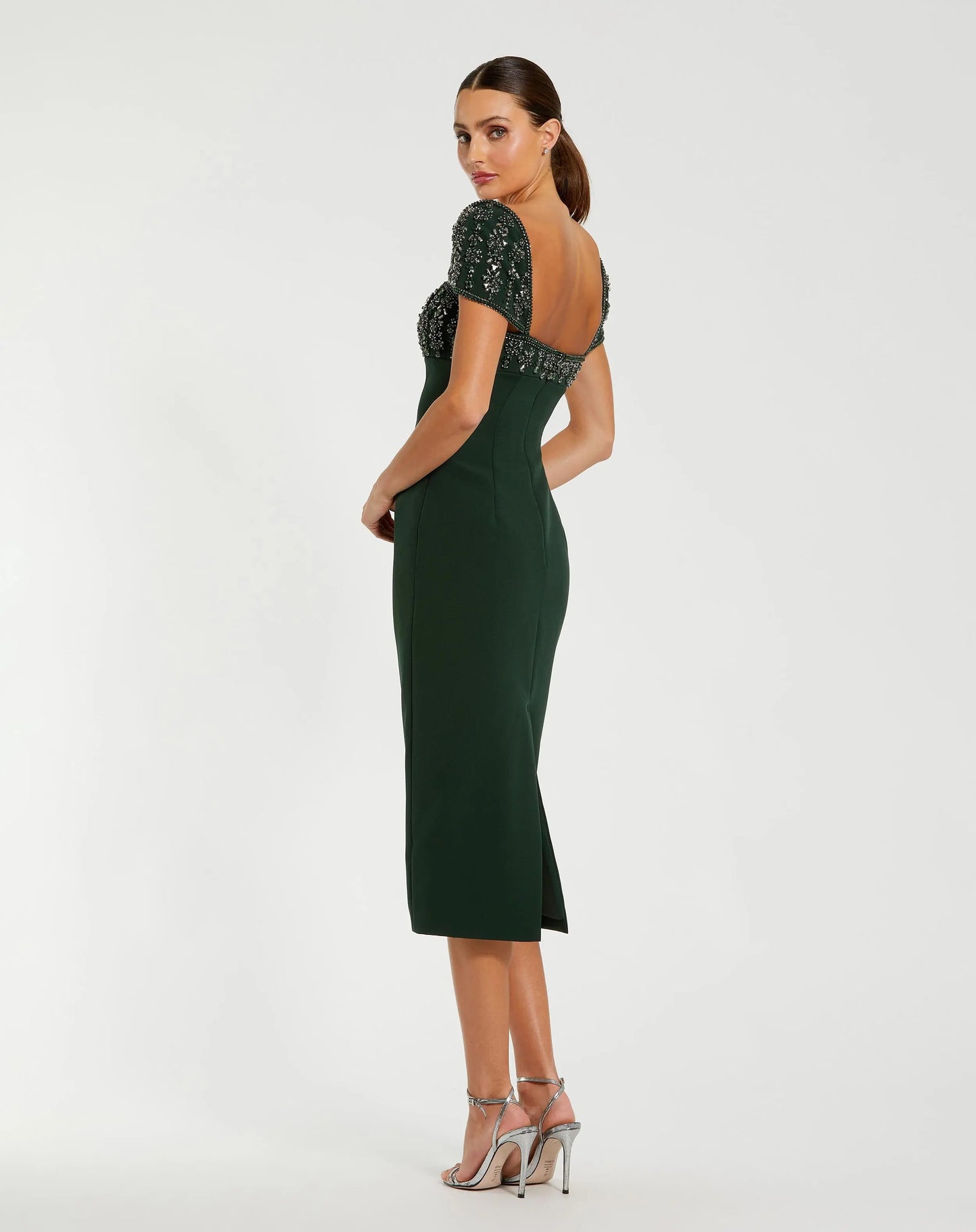 Green Embellished Cap Sleeve Crepe Midi Dress - Mac Duggal