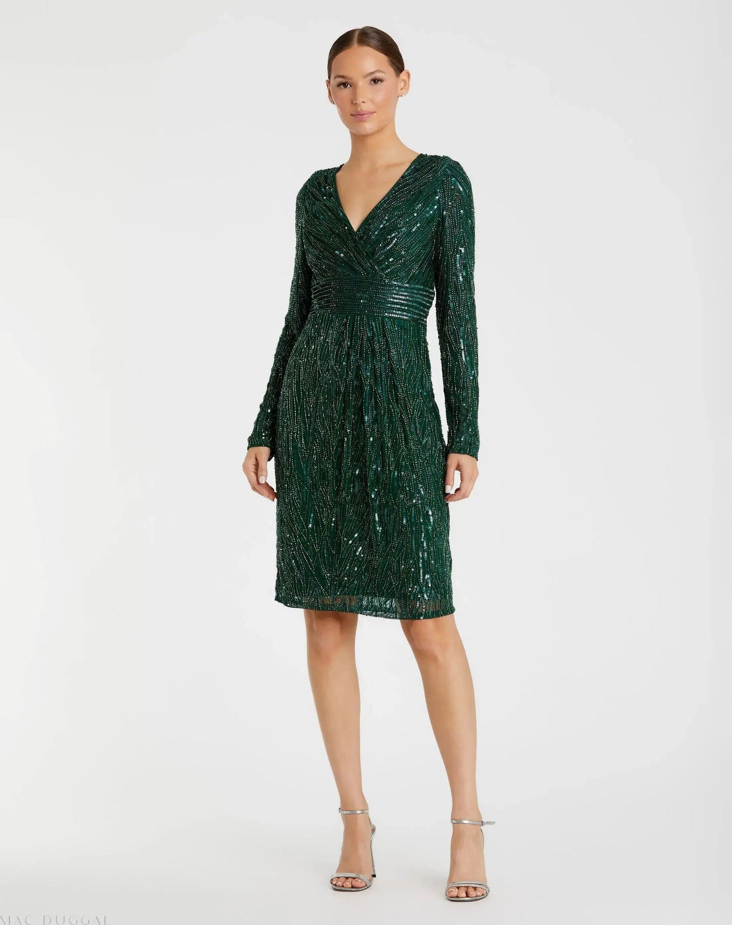 Green Long Sleeve Embellished Sequin Cocktail Dress - Mac Duggal