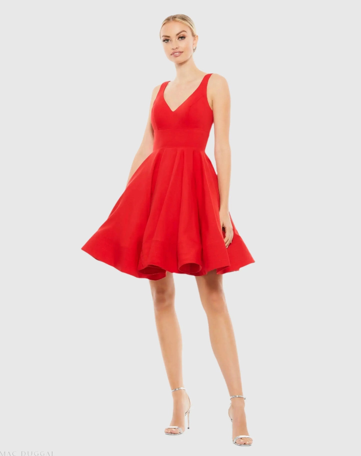 Red V Neck Fit & Flare Mini Dress - Mac Duggal
