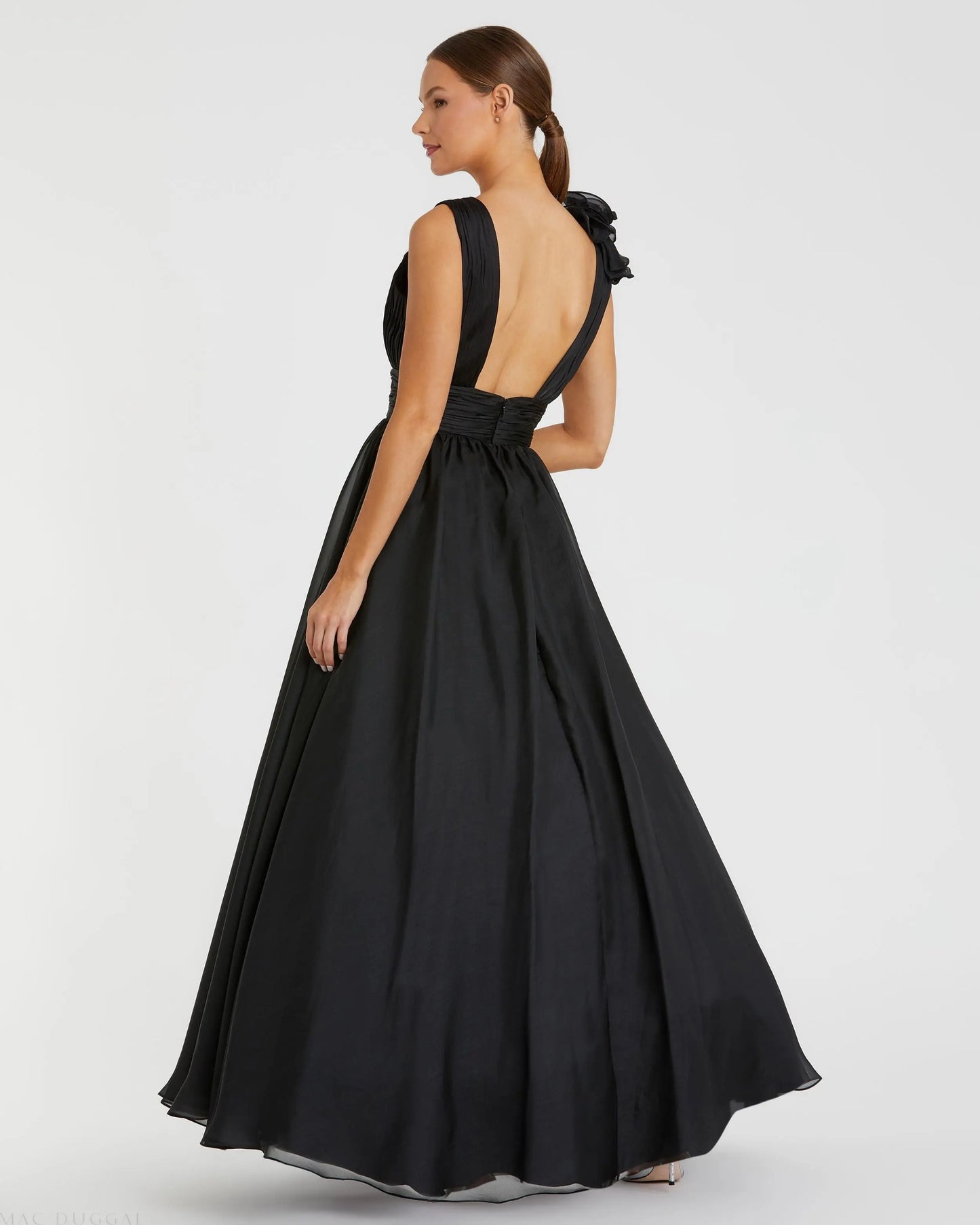 Black Ruffle Shoulder V-Neck Chiffon Gown - Mac Duggal