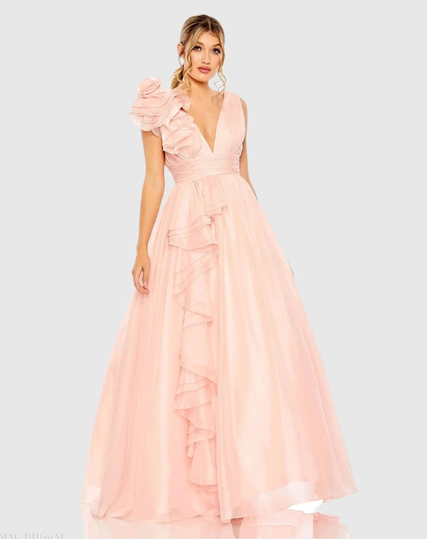 Light Pink Ruffle Shoulder V-Neck Chiffon Gown - Mac Duggal