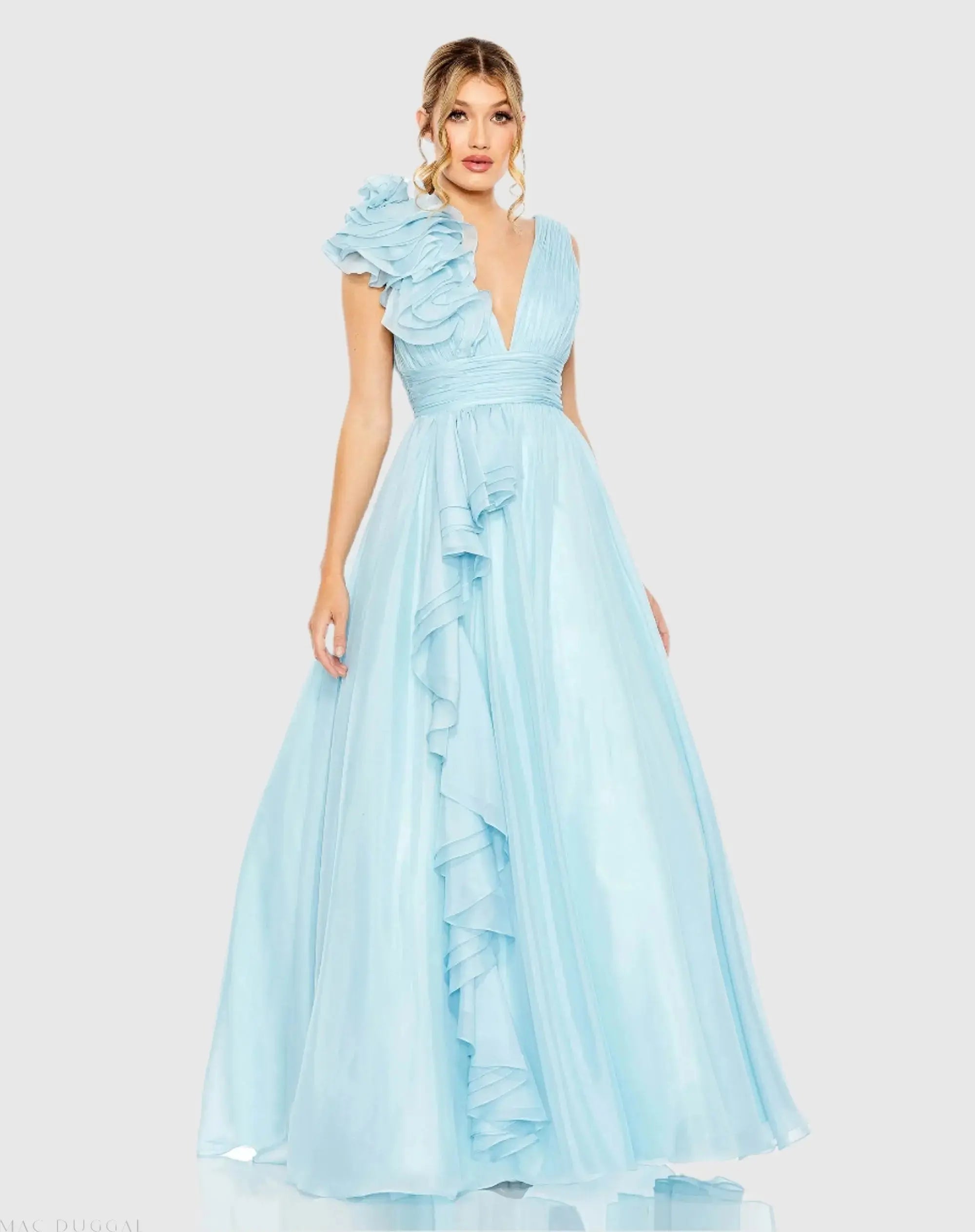 mac duggal light blue dress Ruffle Shoulder V-Neck Chiffon Gown feminine look for daytime formals and celebrations Mac Duggal Dress 55321 |