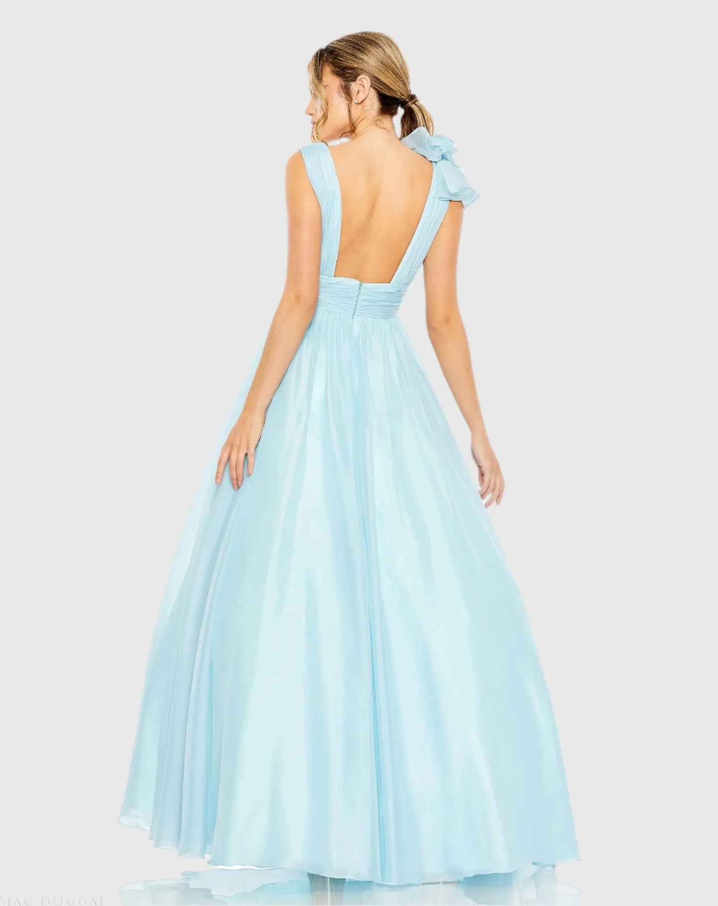 Light Blue Ruffle Shoulder V-Neck Chiffon Gown - Mac Duggal