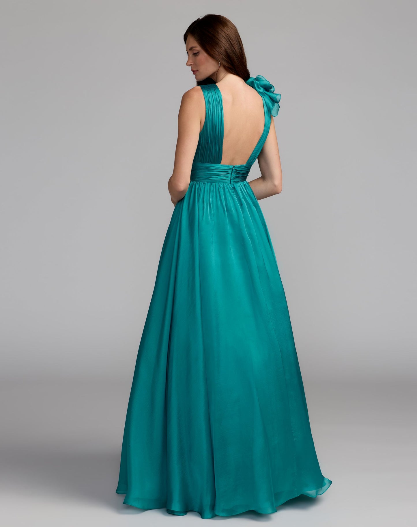 Teal Ruffle Shoulder V-Neck Chiffon Gown - Mac Duggal