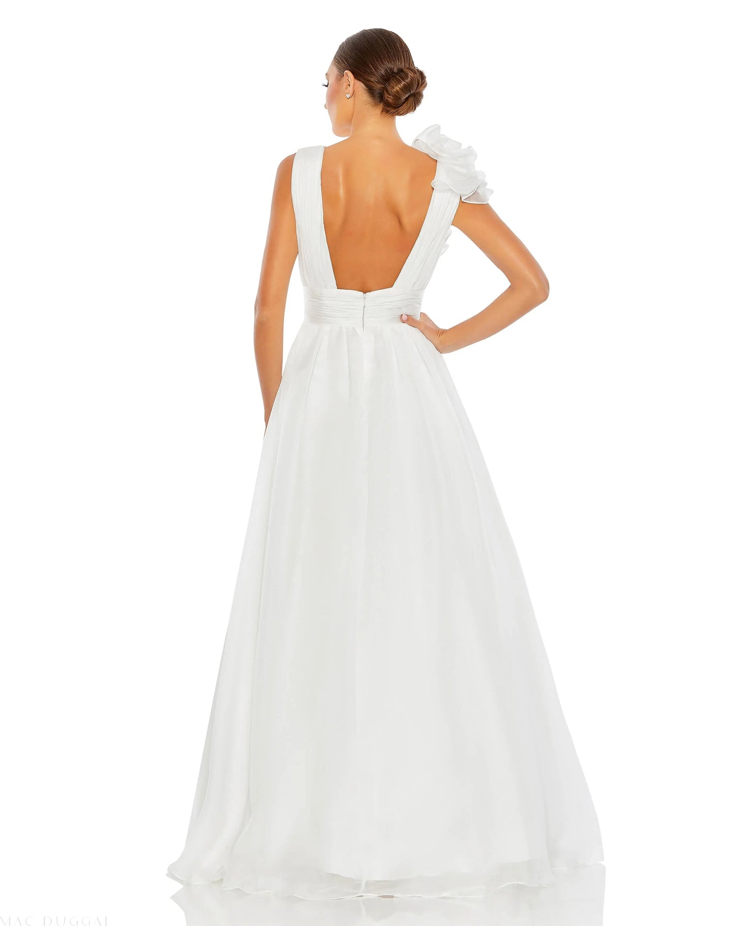 White Ruffle Shoulder V-Neck Chiffon Gown - Mac Duggal