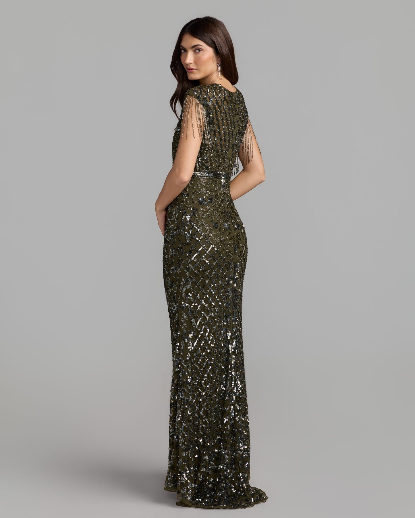 Dark Green High Neck Beaded Fringe Fitted Gown Mac Duggal