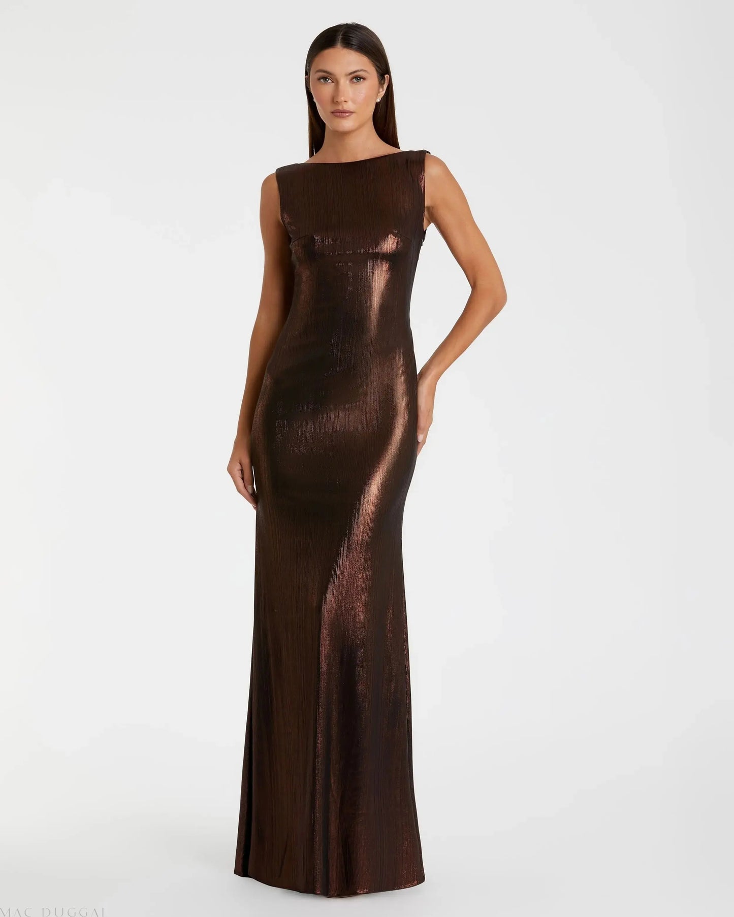 Brown Metallic Jersey Cowl Back Column Gown - Ieena for Mac Duggal