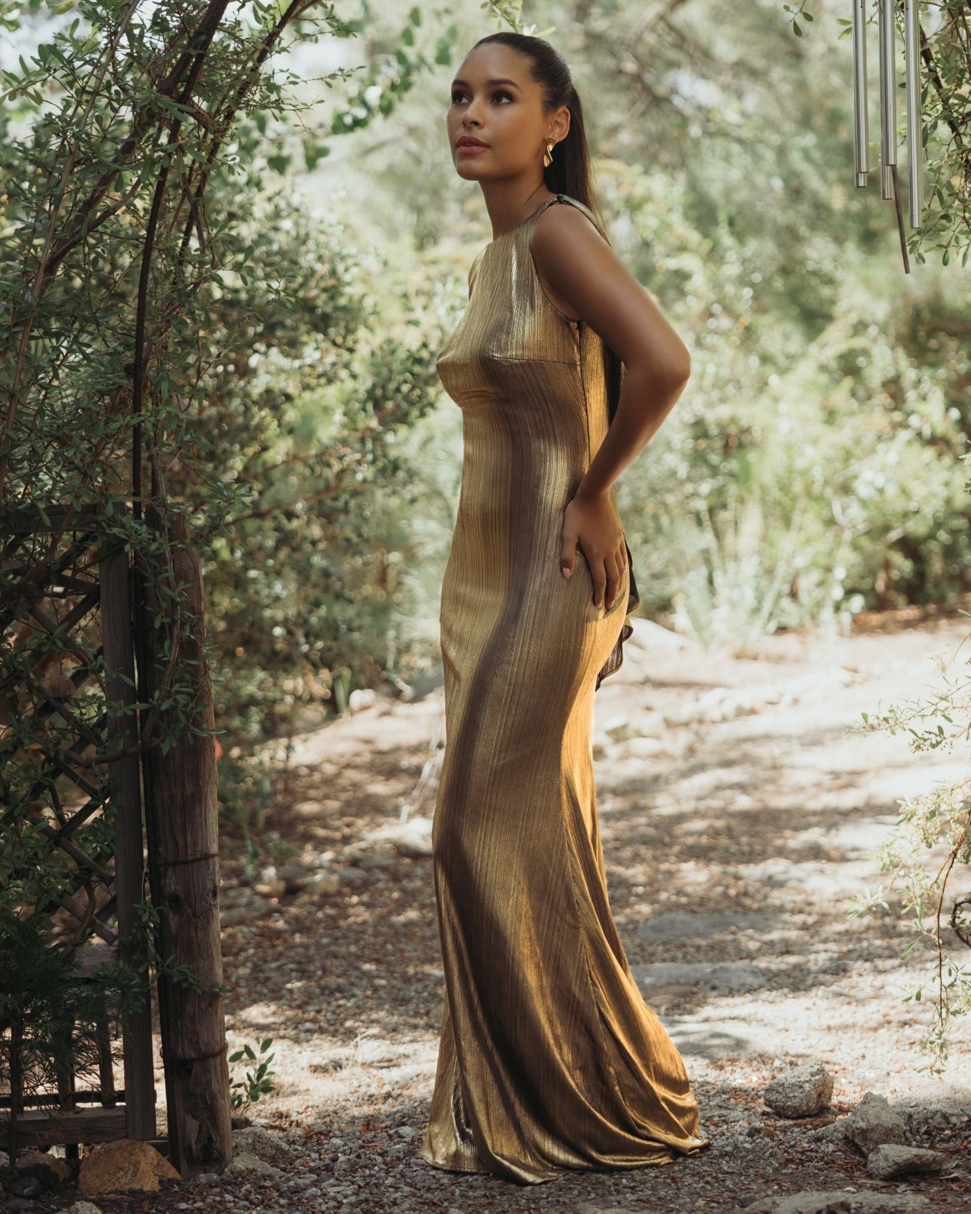 Gold Metallic Jersey Cowl Back Column Gown - Ieena for Mac Duggal