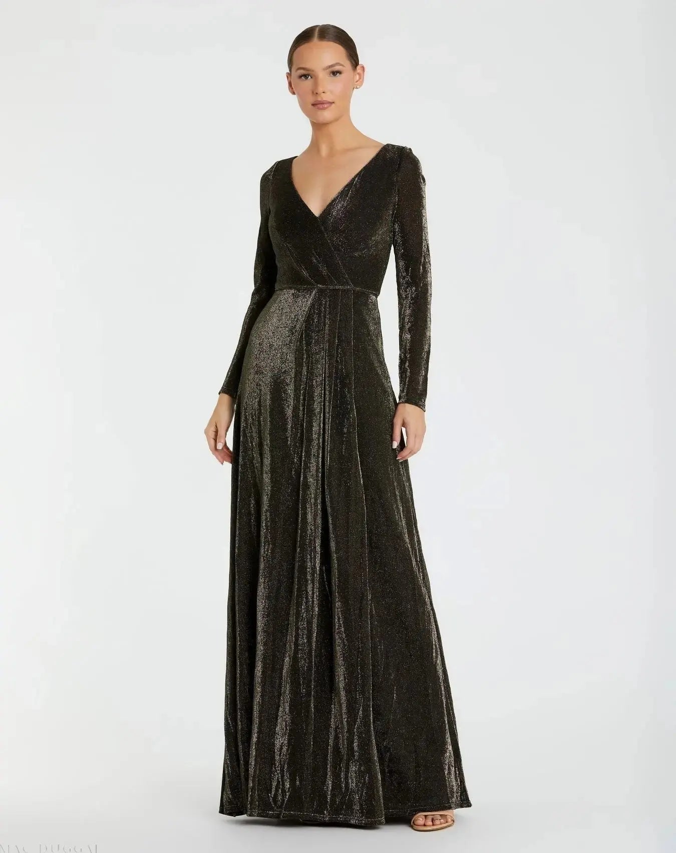 Long Sleeve Faux Wrap A Line Gown - Mac Duggal Long Sleeve Faux Wrap A Line Gown - Mac Duggal