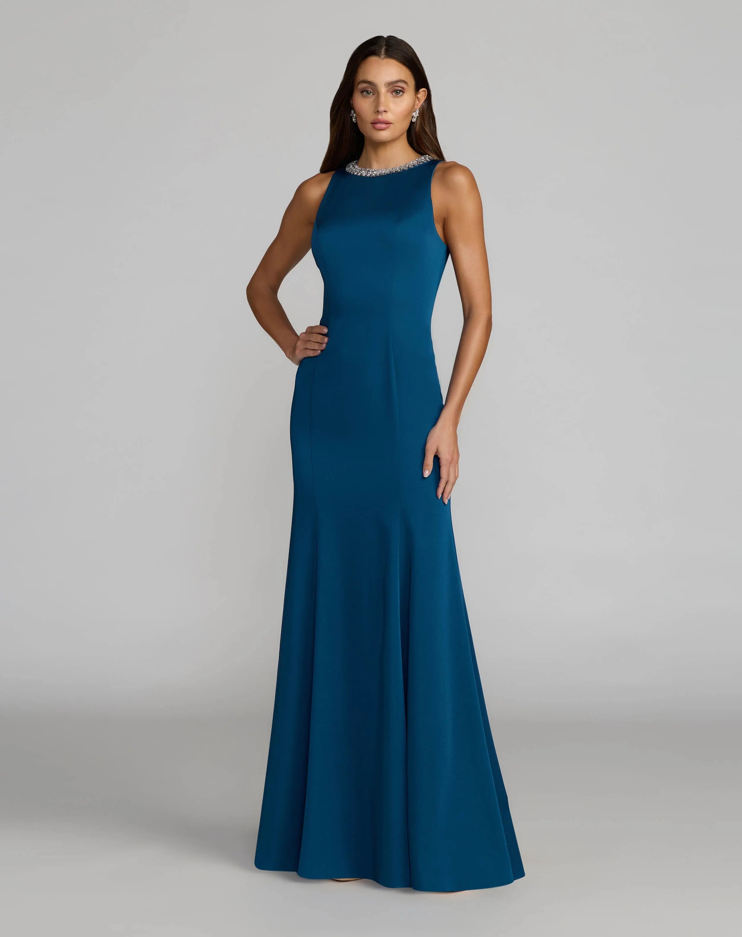 Ieena for Mac Duggal - Blue Embellished Neck Trumpet Gown - US 4 Ieena for Mac Duggal - Blue Embellished Neck Trumpet Gown - US 4