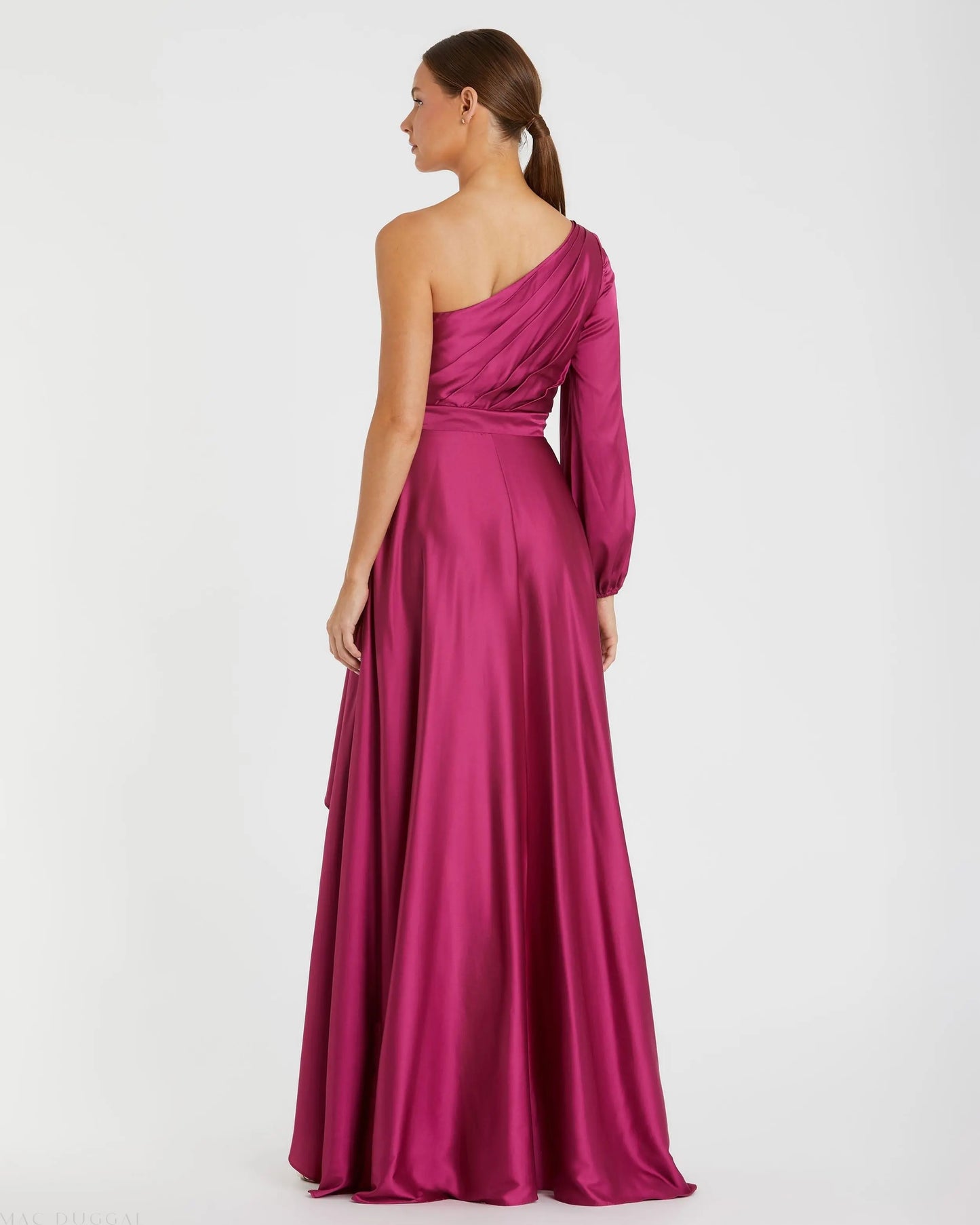 Purple Long Sleeve One Shoulder Satin High Low A-line Gown - Ieena for Mac Duggal