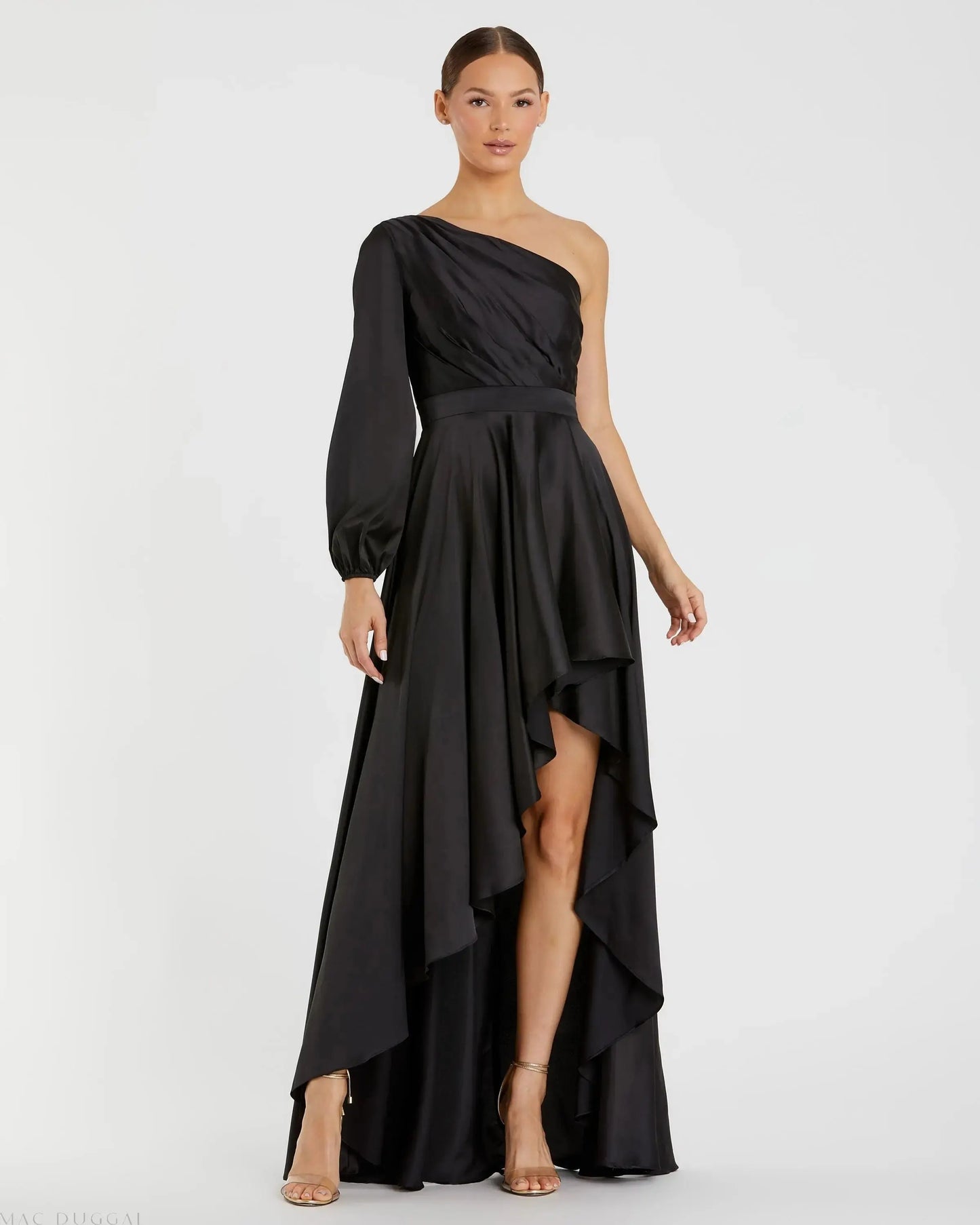Black Long Sleeve One Shoulder Satin High Low A-line Gown - Ieena for Mac Duggal
