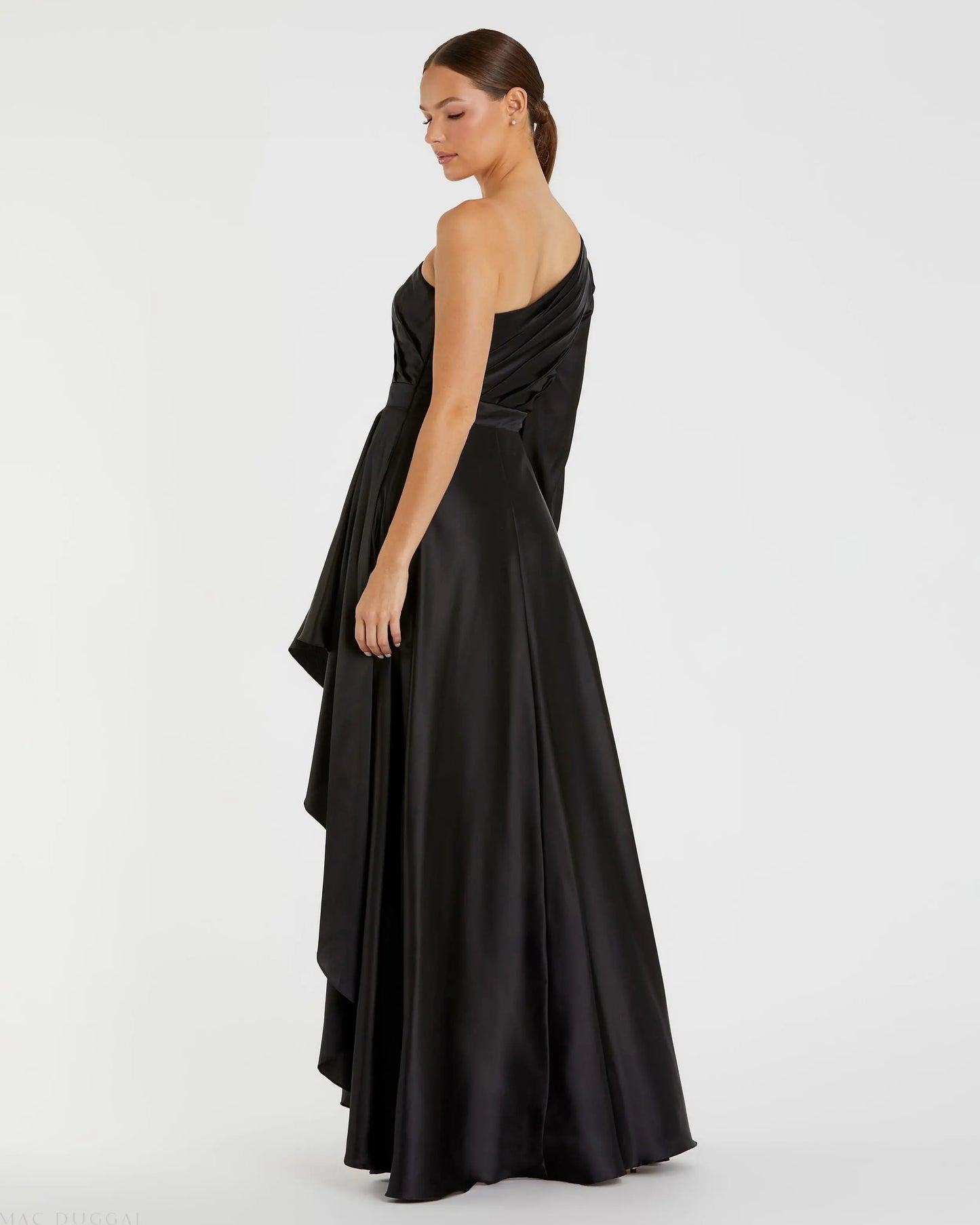 Black Long Sleeve One Shoulder Satin High Low A-line Gown - Ieena for Mac Duggal