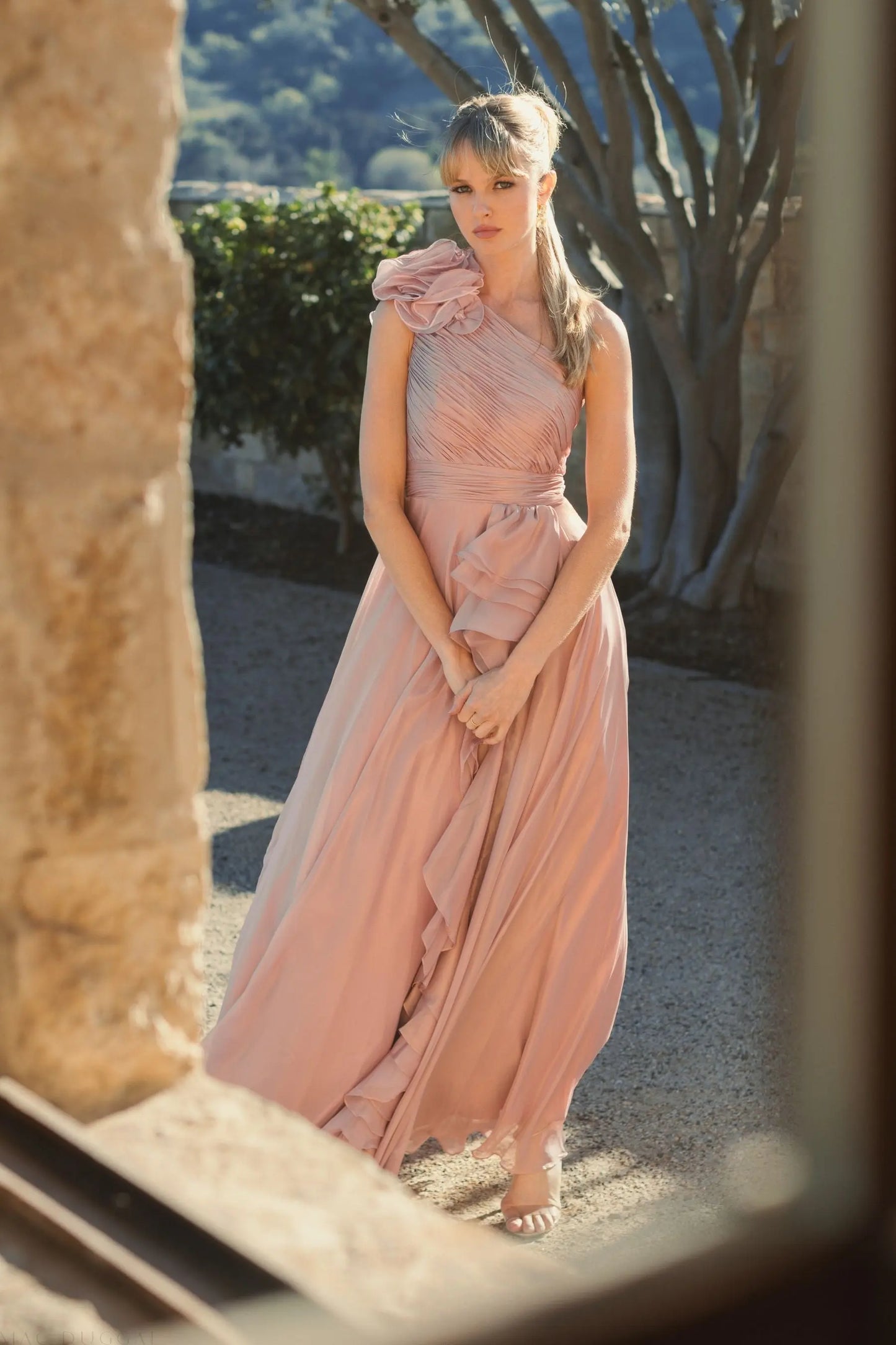 Pink Iridescent One Shoulder Rosette Ball Gown - Mac Duggal