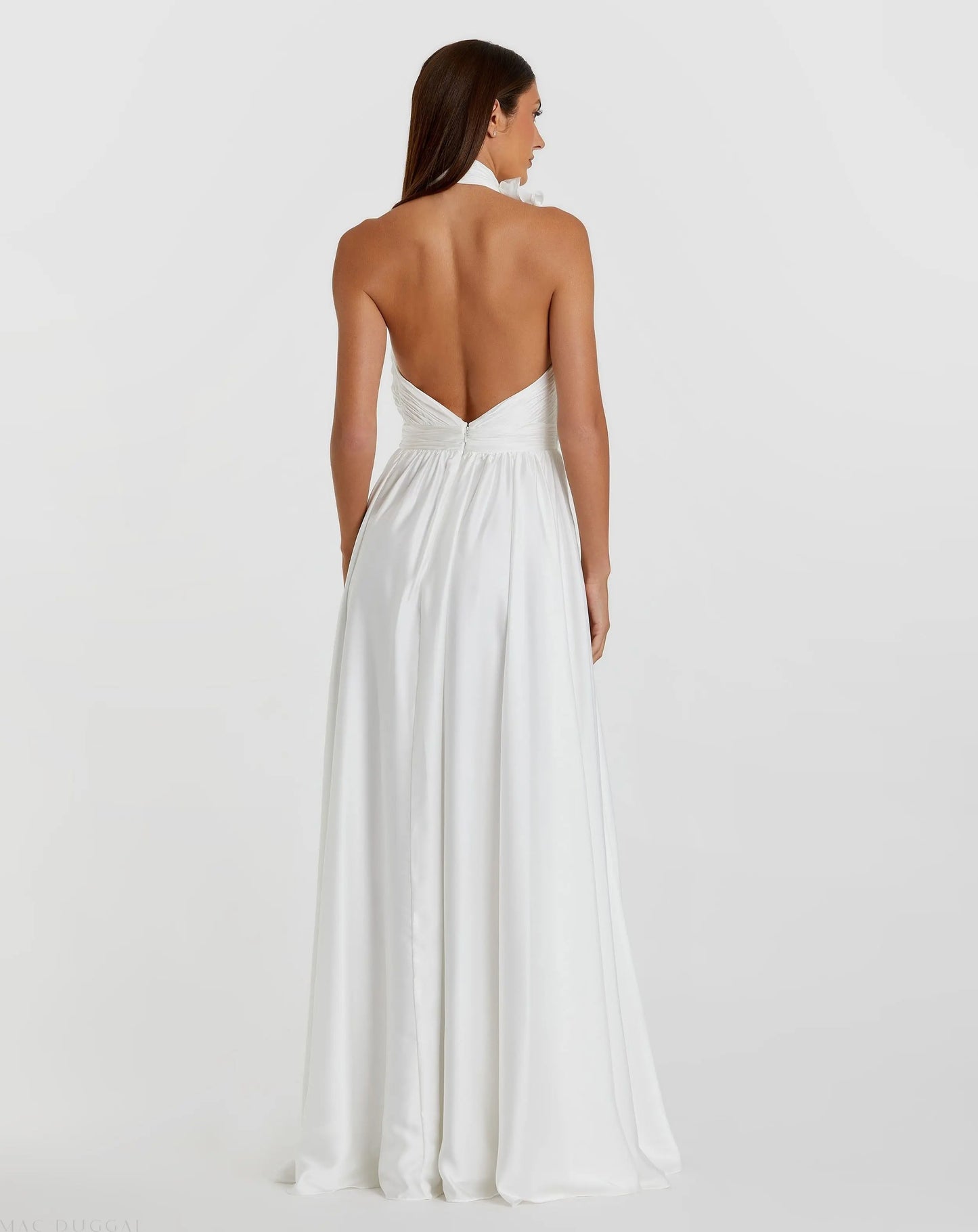White Soft Tie Halter Neck High Slit Gown - Mac Duggal