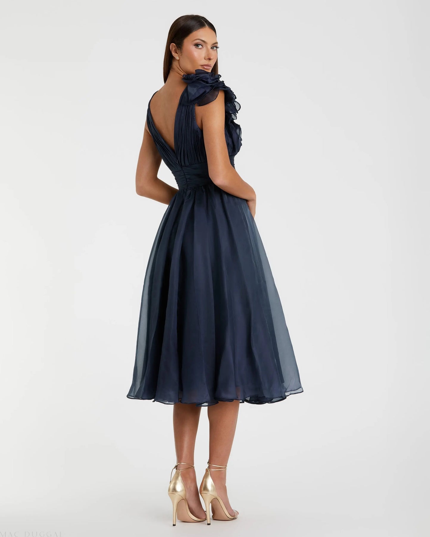 Blue Sleeveless Chiffon A-Line Tea Length Cocktail Dress - Mac Duggal