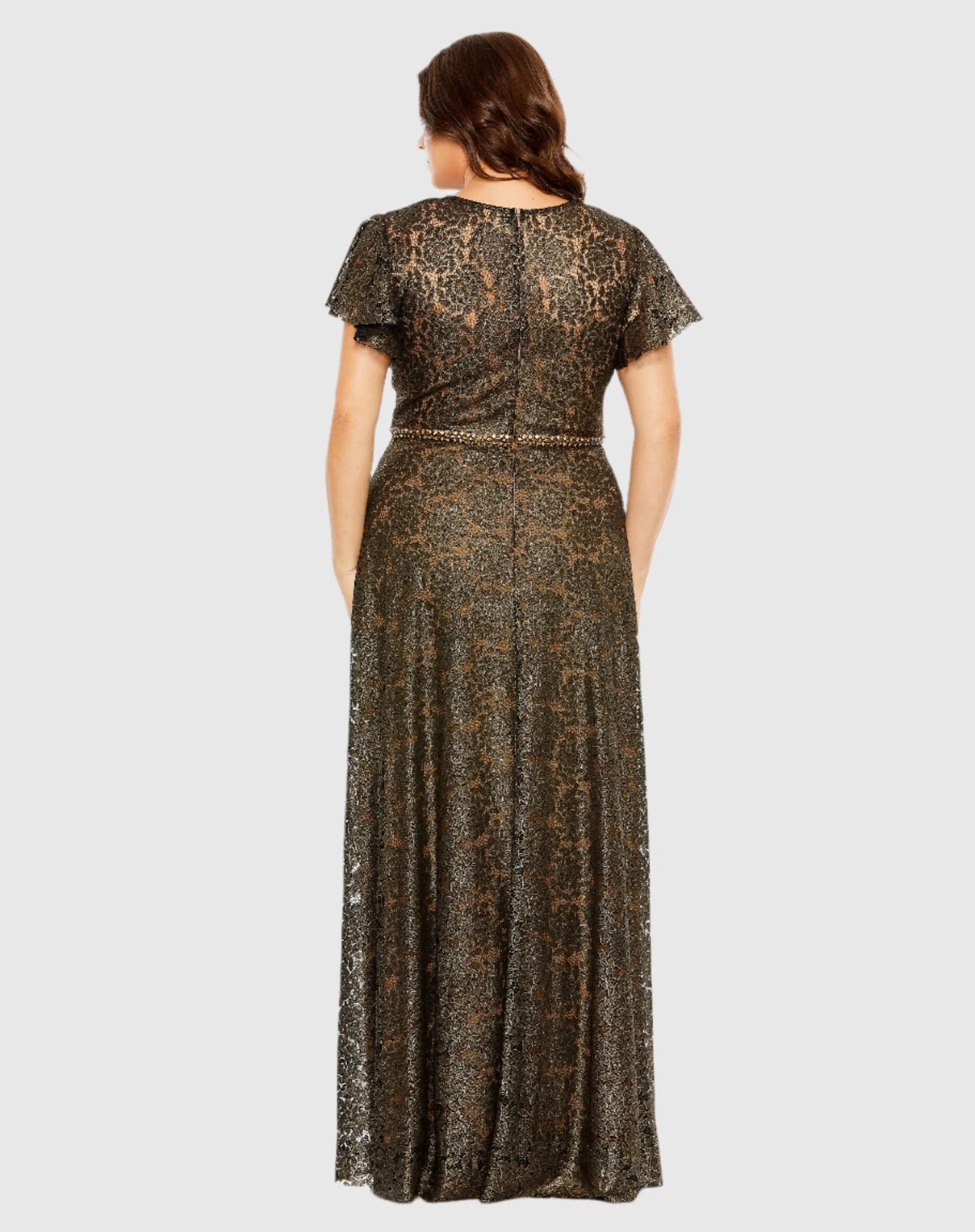 Lace Butterfly Sleeve Beaded Belt Gown - Mac Duggal