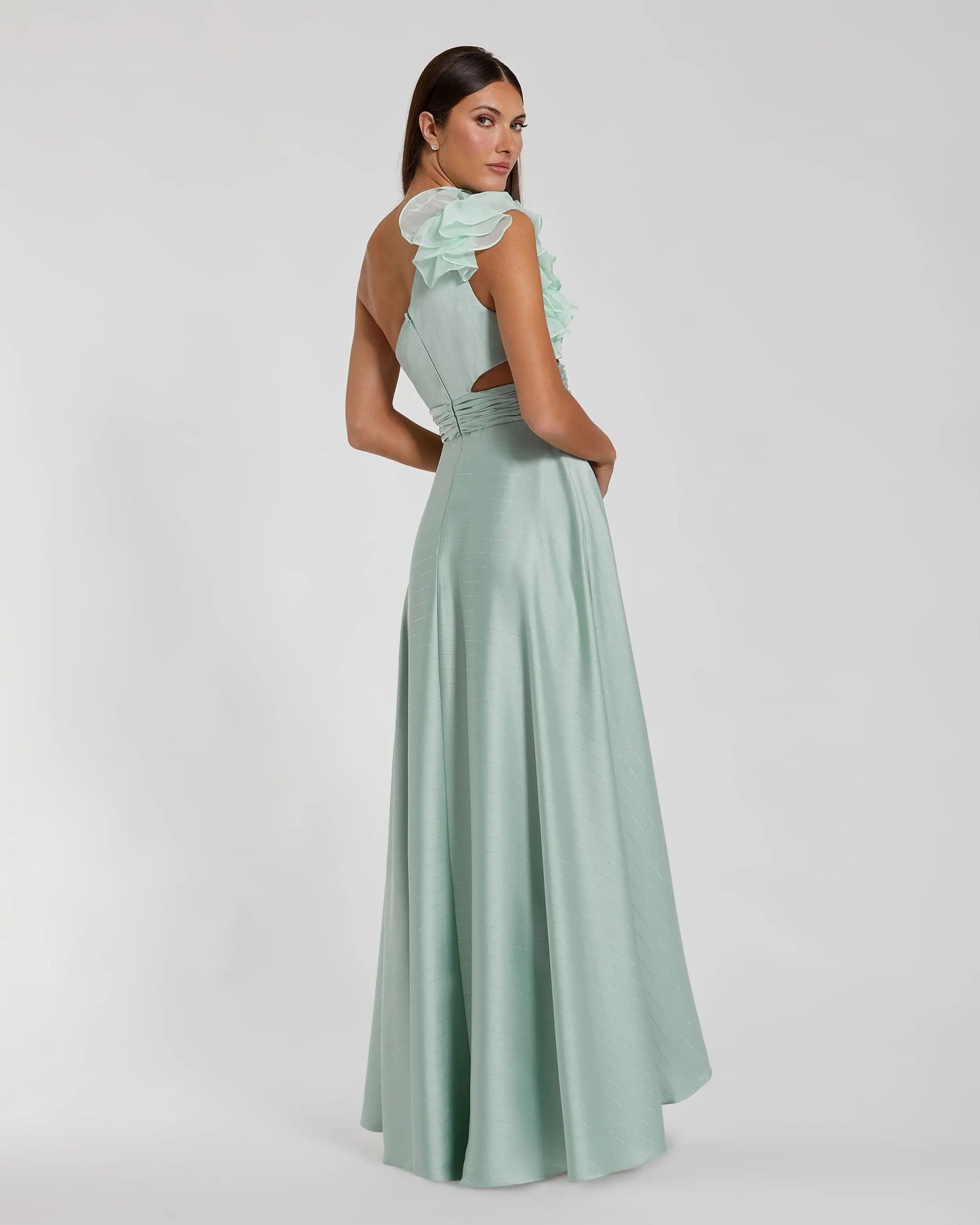 Green Ruffled One Shoulder Cut Out Hi-Low Gown - Ieena for Mac Duggal