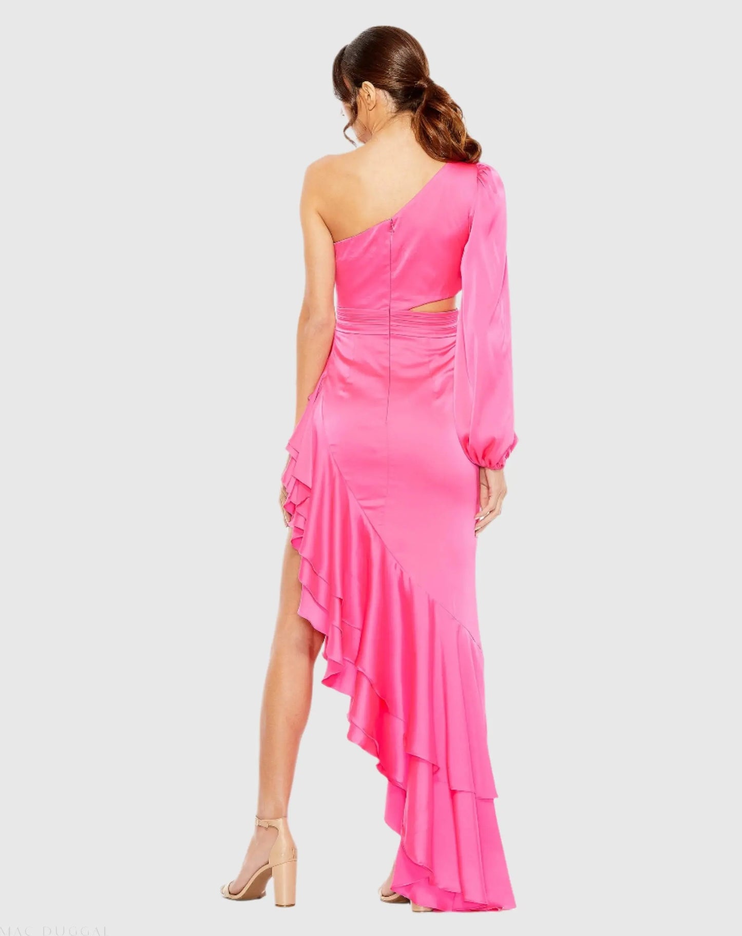 Pink One Sleeve Cut Out Asymmetrical Ruffled Gown - Mac Duggal