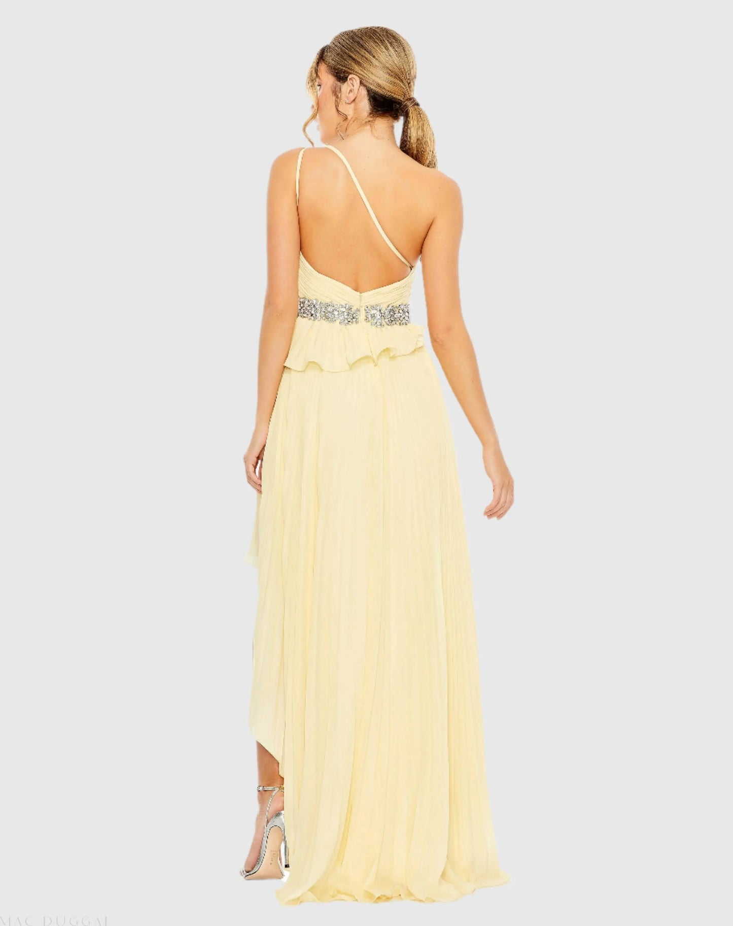 Yellow Pleated One Shoulder Asymmetrical Ruffle Hem Gown - Mac Duggal