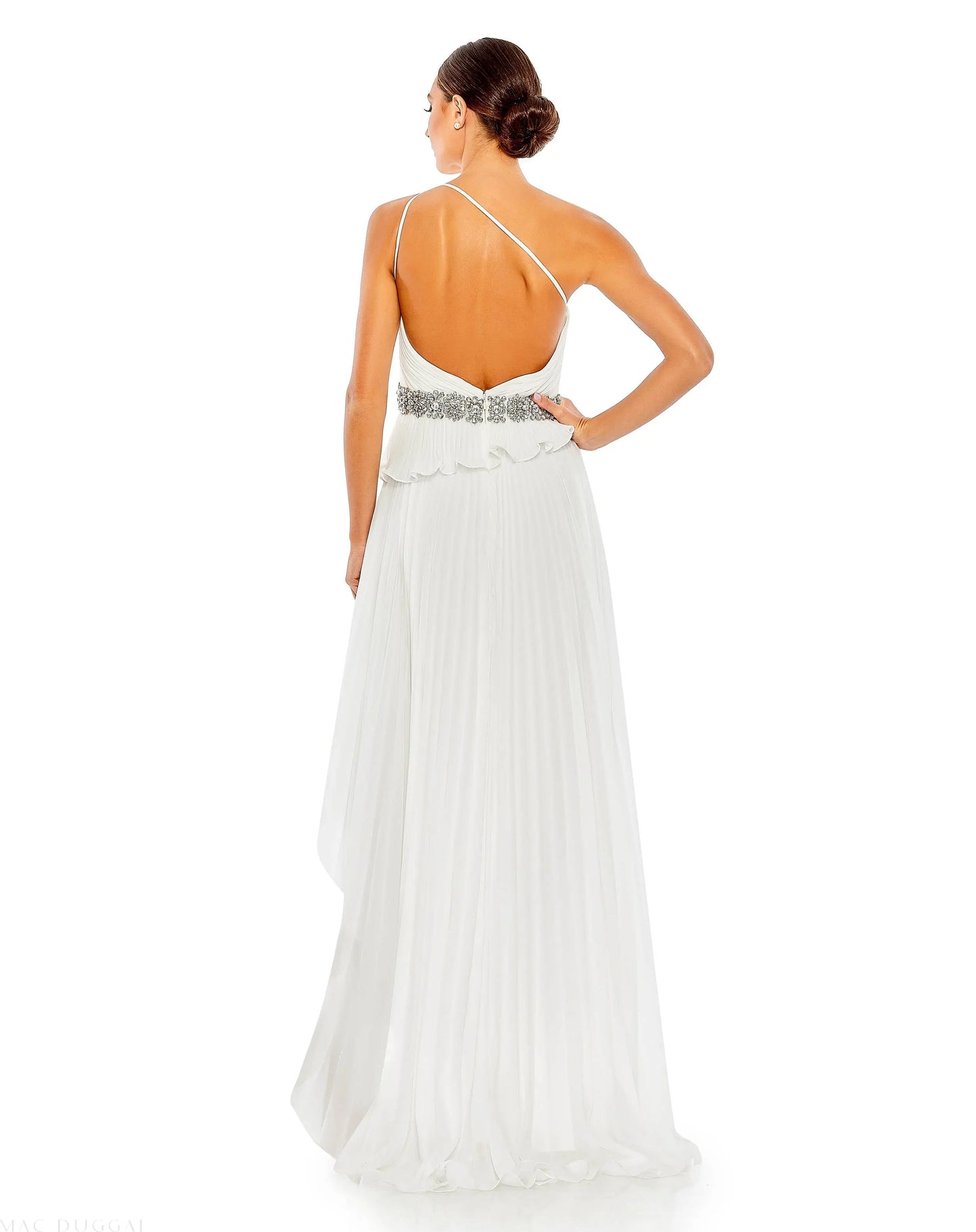 White Pleated One Shoulder Asymmetrical Ruffle Hem Gown - FINAL SALE - Mac Duggal