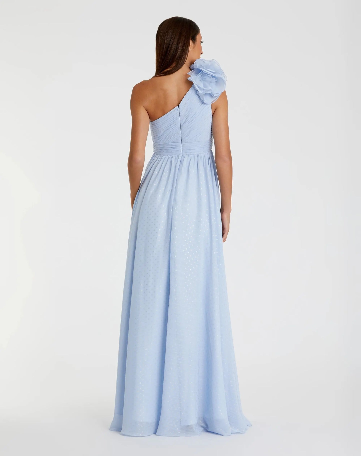 Blue One Shoulder Polka Dot Chiffon Gown With Ruffle Detail - Ieena for Mac Duggal