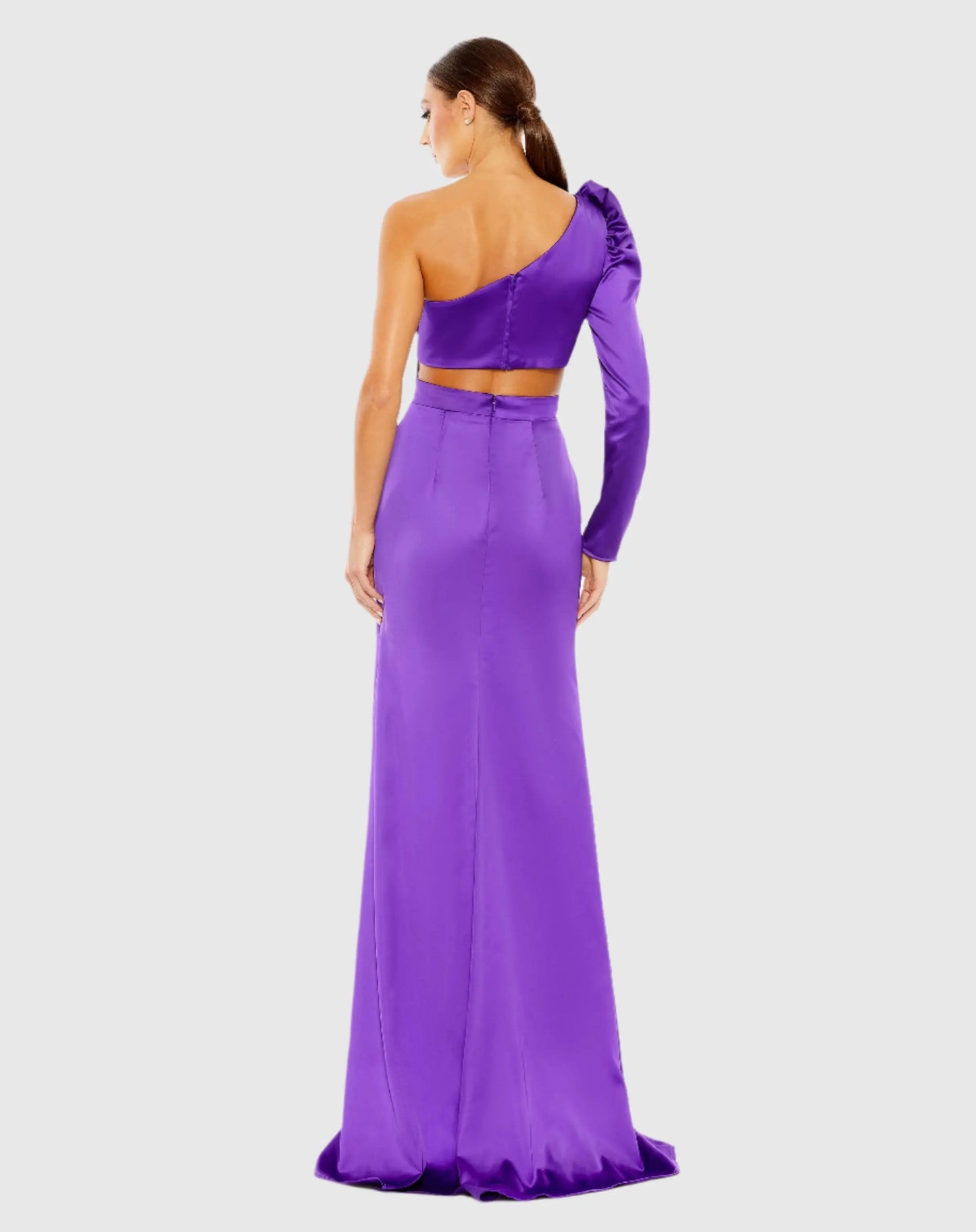 Purple Puff One Sleeve Cut Out Side Knot Gown - Ieena for Mac Duggal