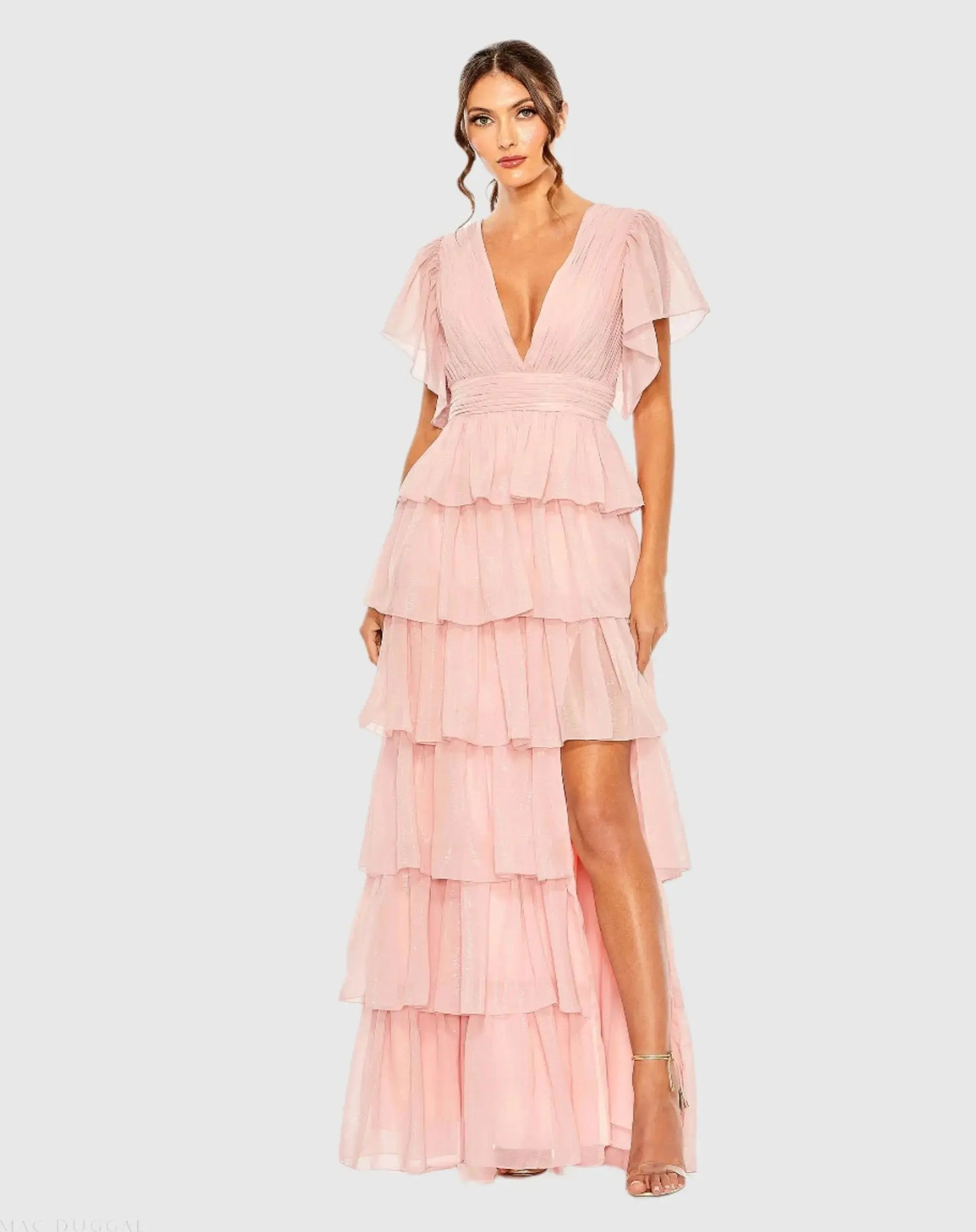 Pink Flutter Sleeve Ruffle Tiered Gown - Mac Duggal
