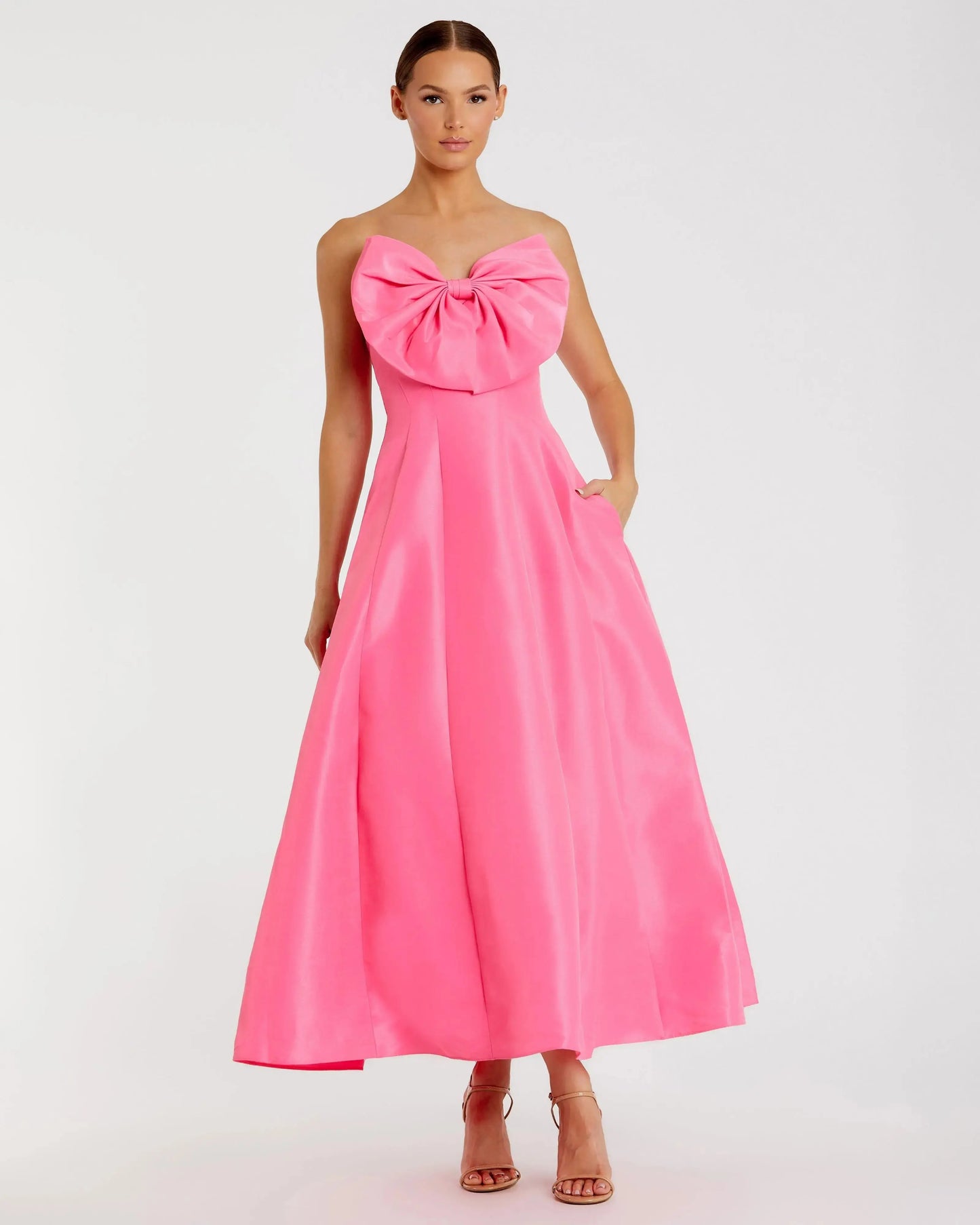 Pink Strapless A-Line Tea Length Statement Bow Dress - Mac Duggal