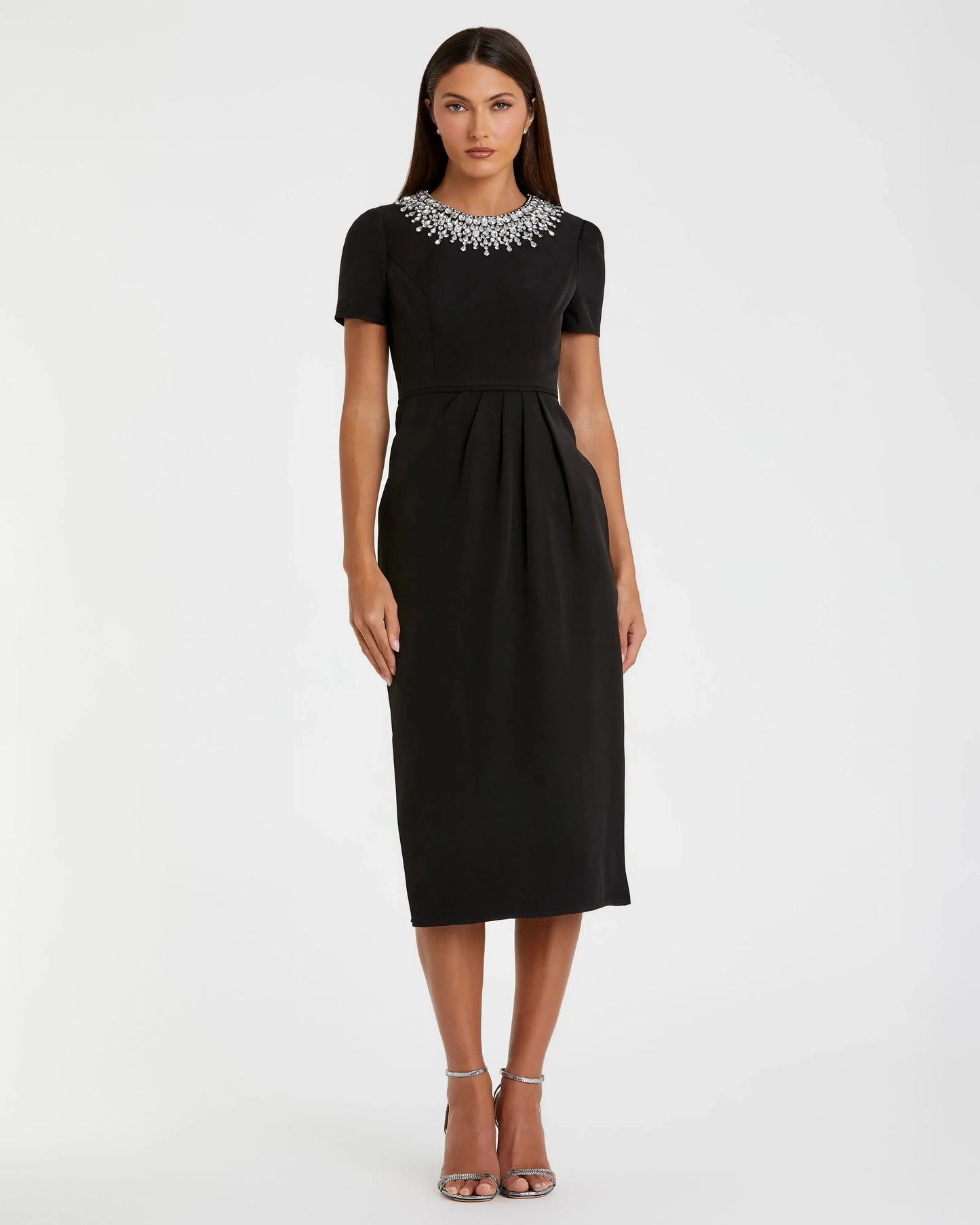 Black Short Sleeve Rhinestone Neckline Sheath Dress - Mac Duggal