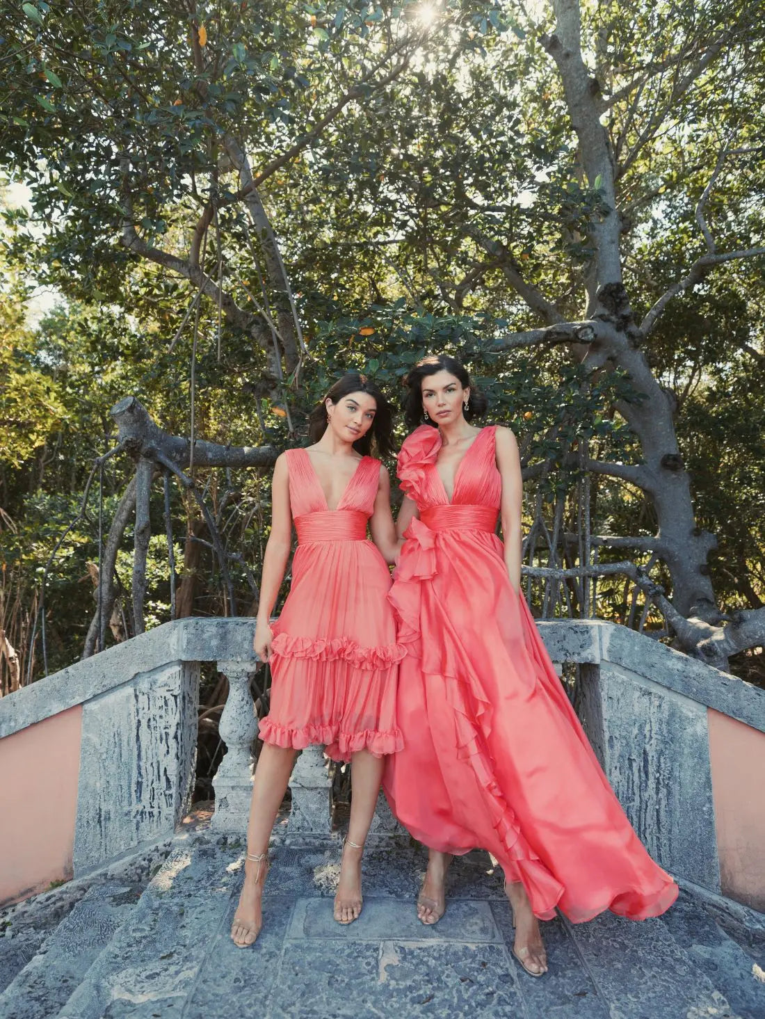 Orange V-Neck Sleeveless Tiered Ruffle Midi Dress - Mac Duggal