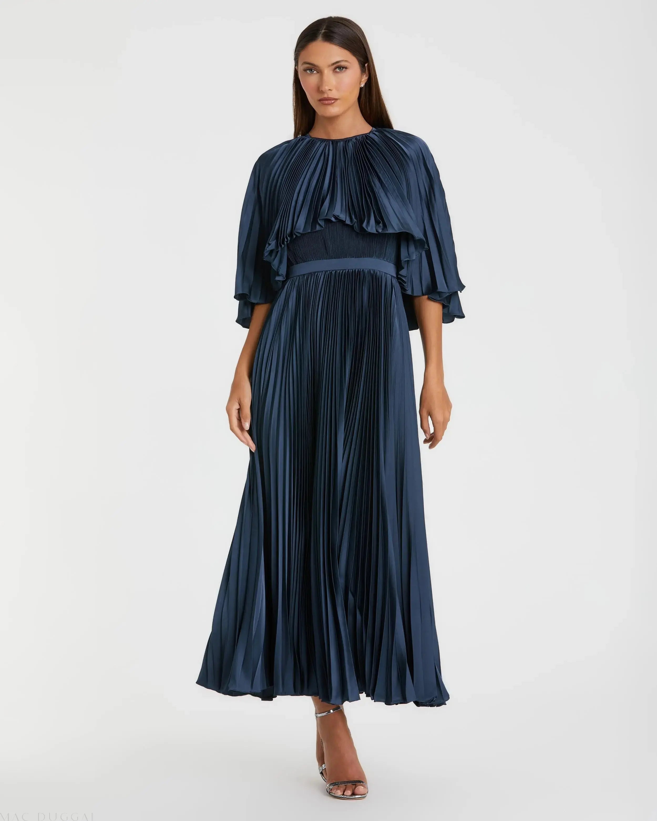 Mac Duggal - Navy Pleated Caplet Tea-length Dress - US 4 Mac Duggal - Navy Pleated Caplet Tea-length Dress - US 4