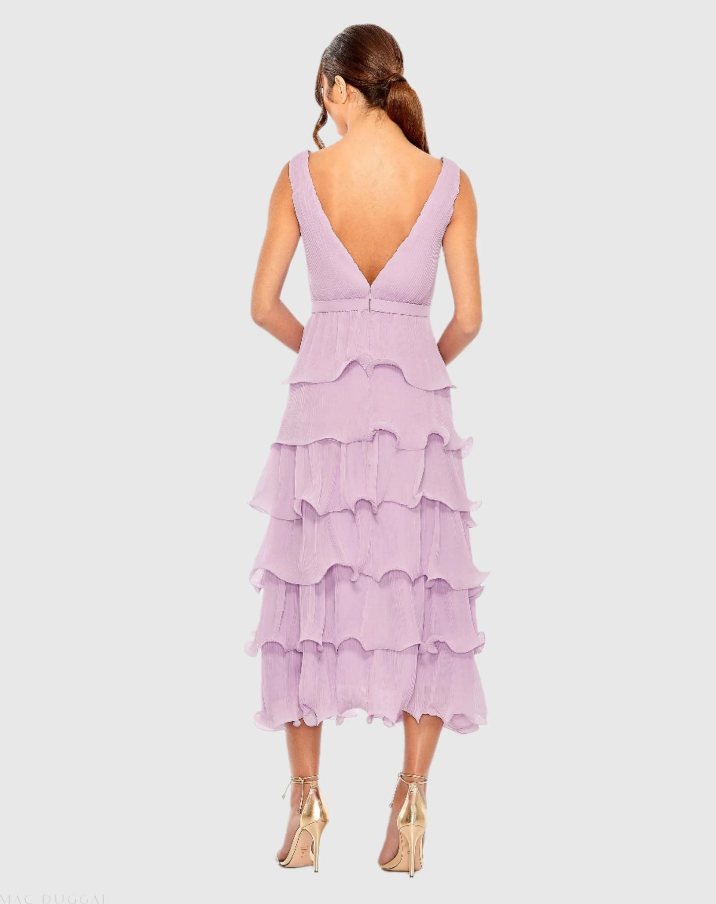 Purple Deep V Chiffon Sleeveless Ruffle Midi Dress - Ieena for Mac Duggal