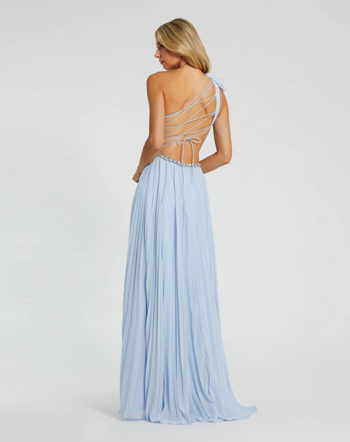 Blue Floral Detail One Shoulder Gown With Side Slit - Mac Duggal