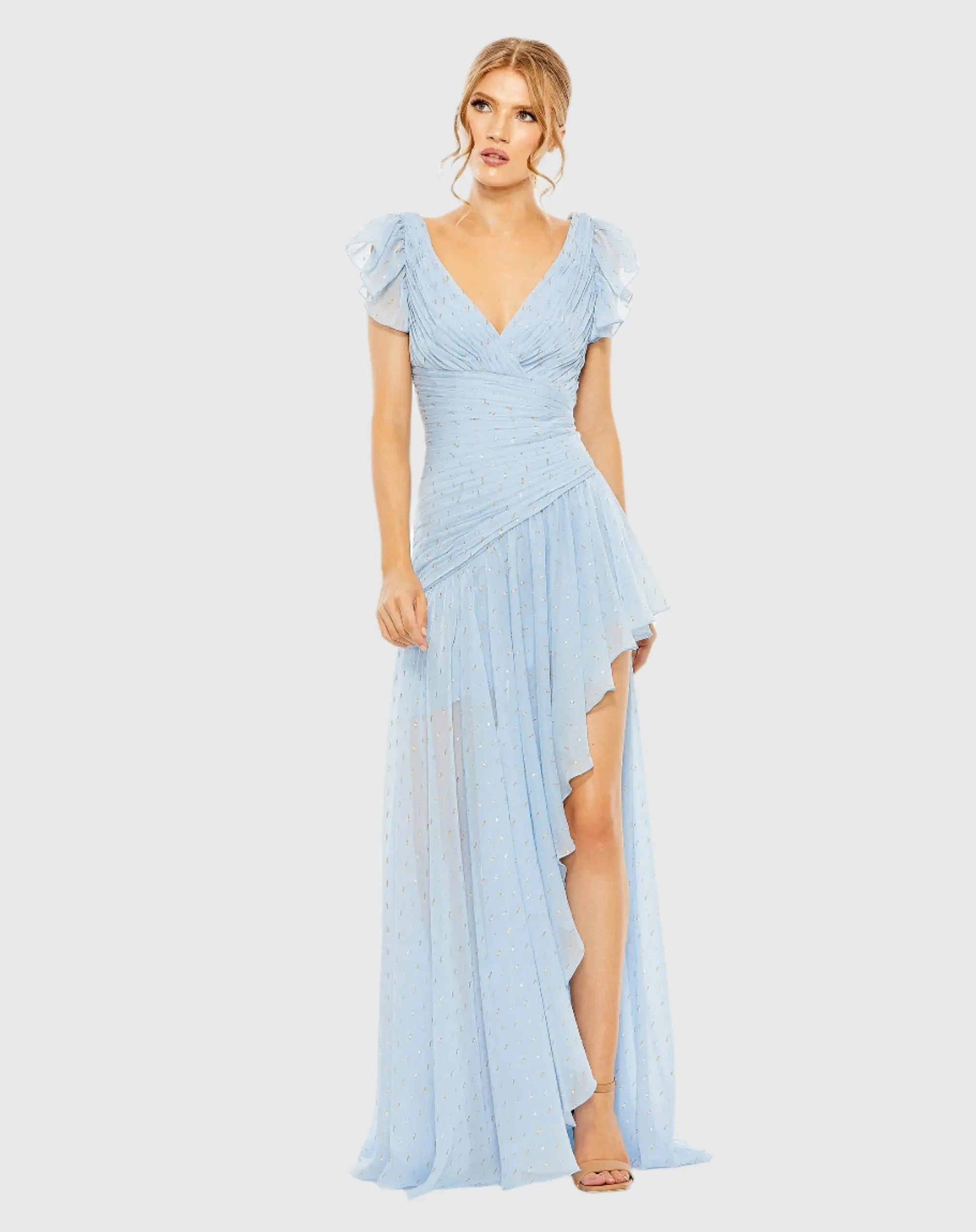 Blue Asymmetrical Ruched Gown With Flutter Sleeves - Mac Duggal Blue Asymmetrical Ruched Gown With Flutter Sleeves - Mac Duggal