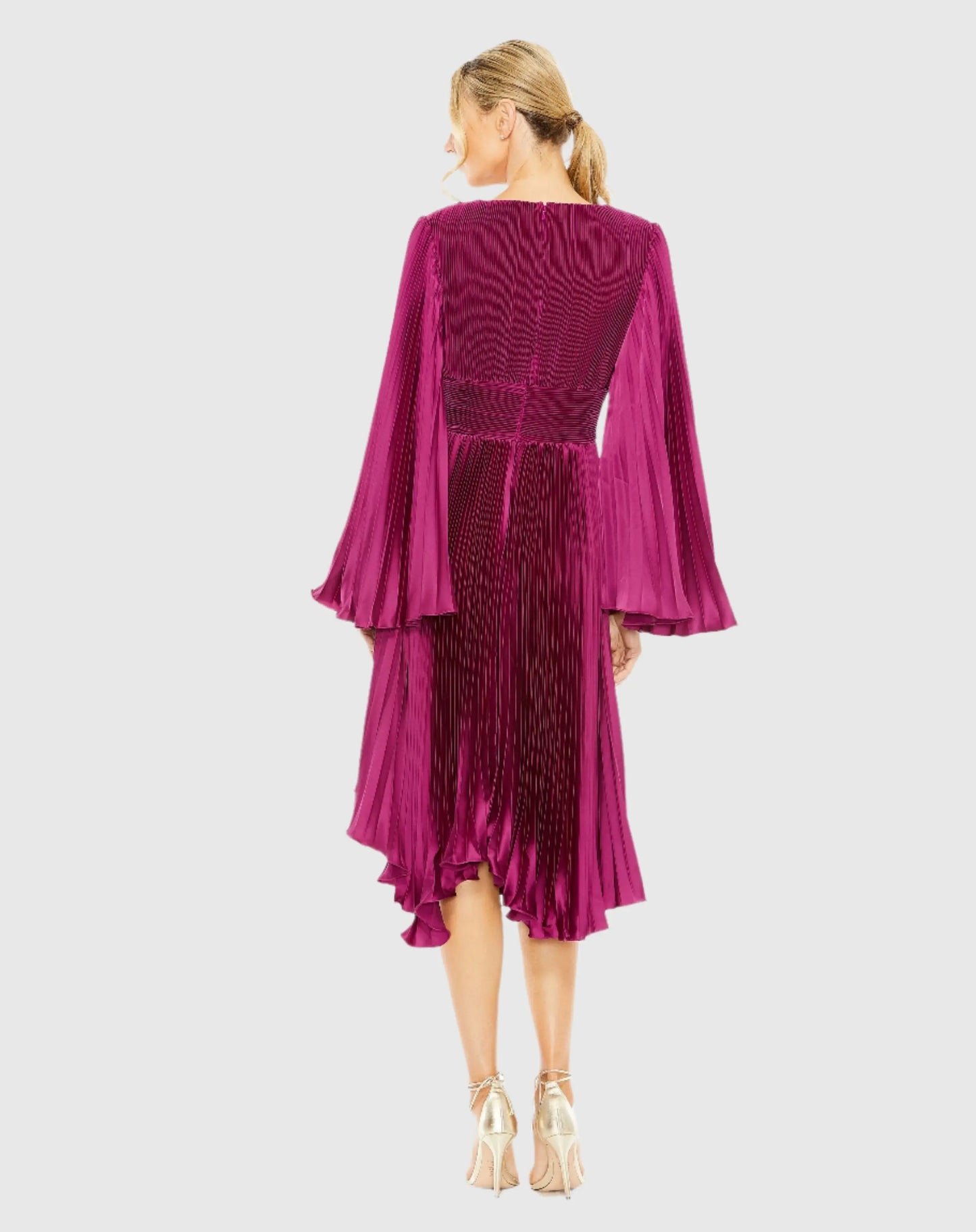 Purple Long Flare Sleeve Pleated Dress - Mac Duggal