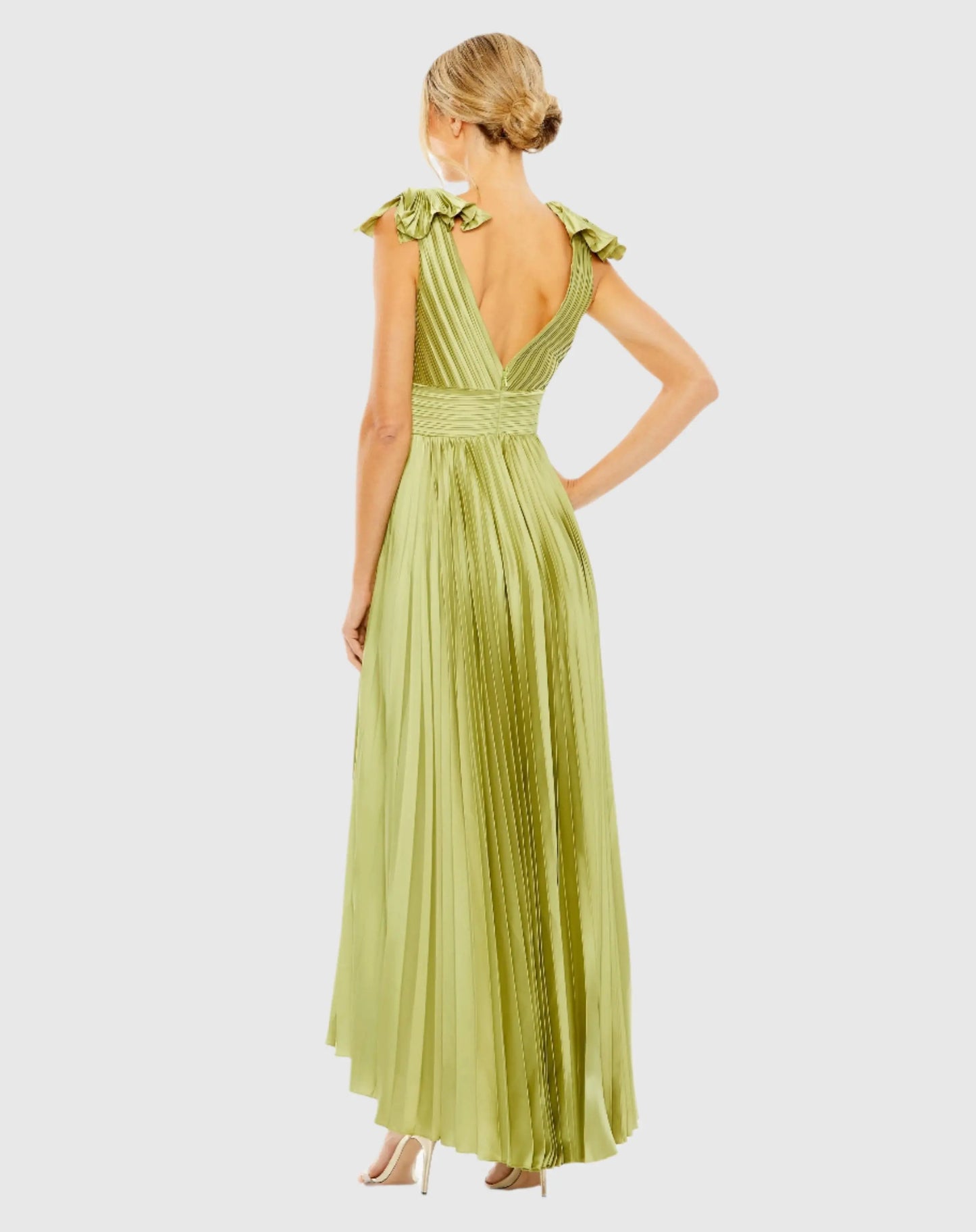 Green Ruffle Top Sleeveless V Neck Pleated Gown - Mac Duggal