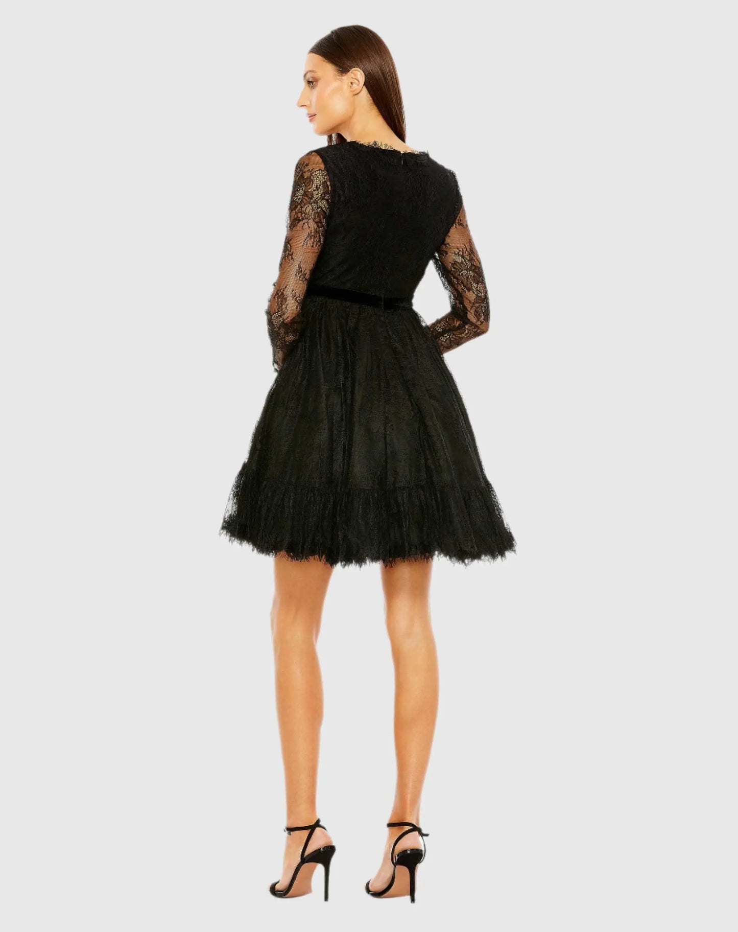 Black Long Sleeve Deep V Lace Babydoll Dress - Ieena for Mac Duggal