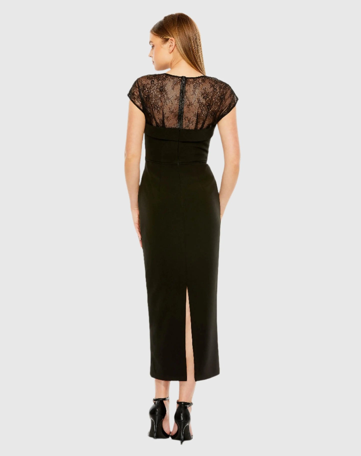 Sheer Lace Top Crepe Midi Dress - Mac Duggal