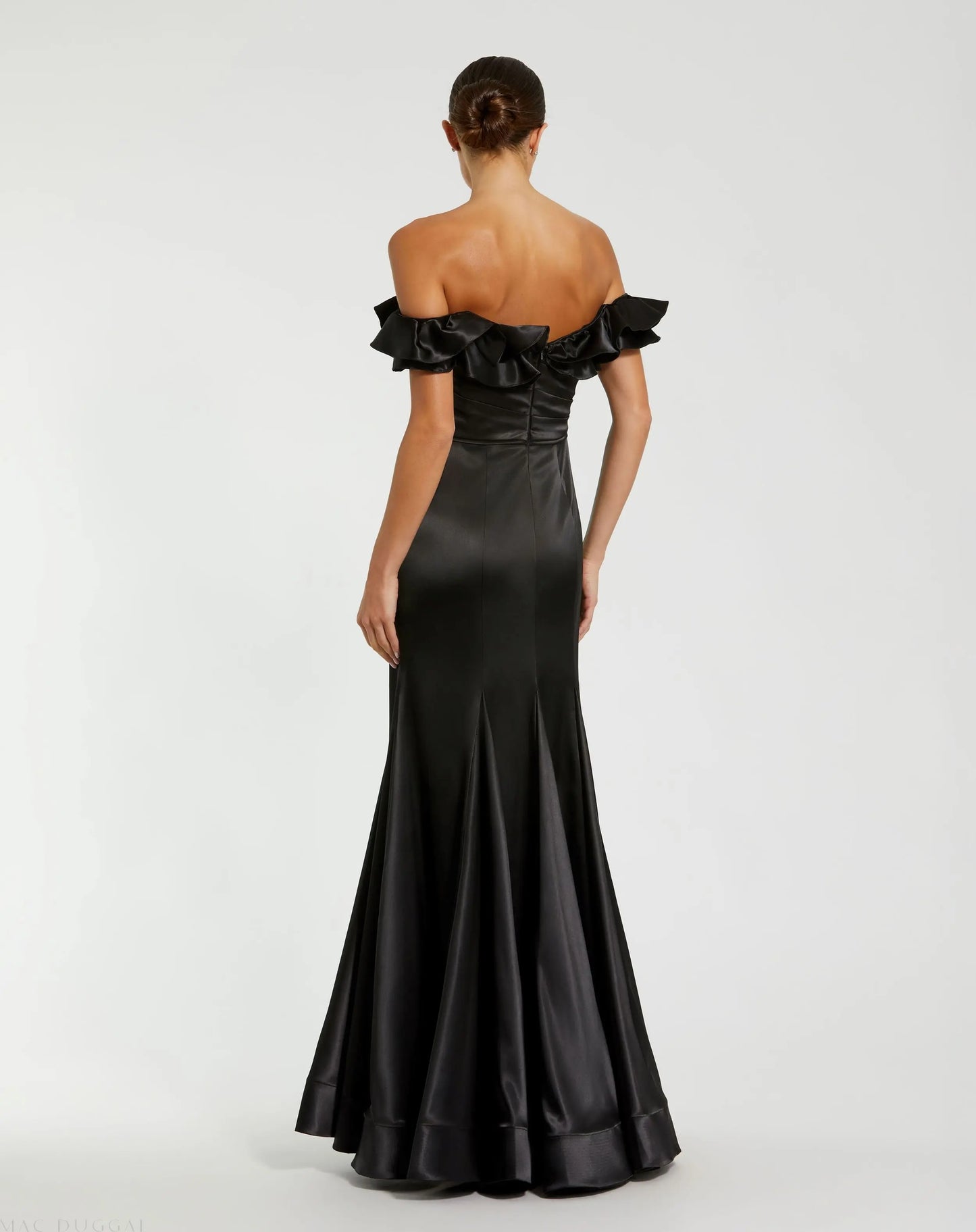 Black Satin Ruffle Off the Shoulder Mermaid Gown - Mac Duggal