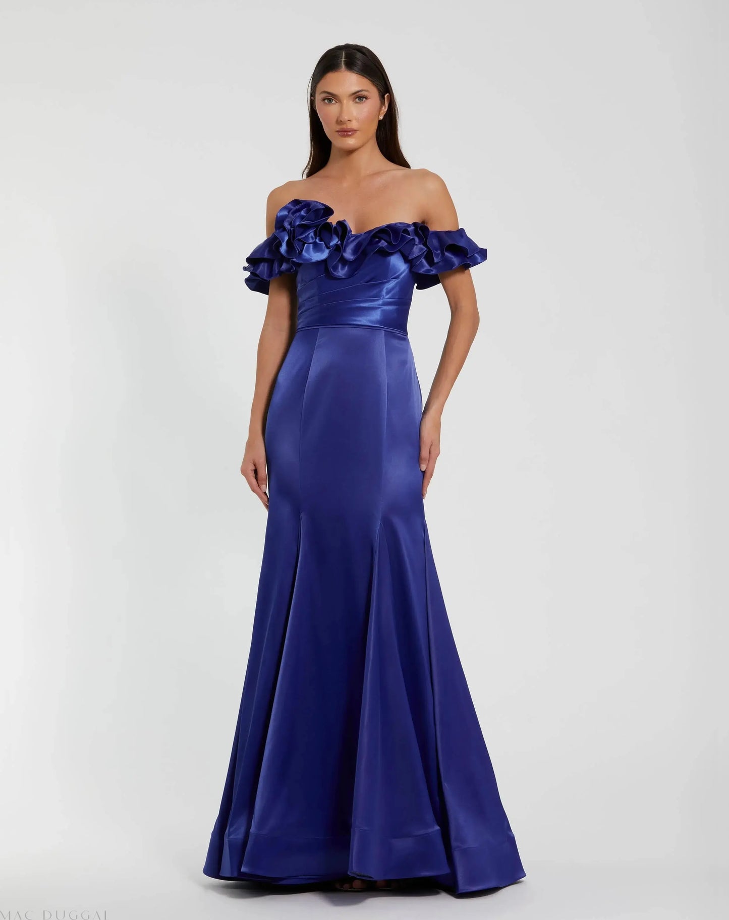 Blue Satin Ruffle Off the Shoulder Mermaid Gown - Mac Duggal