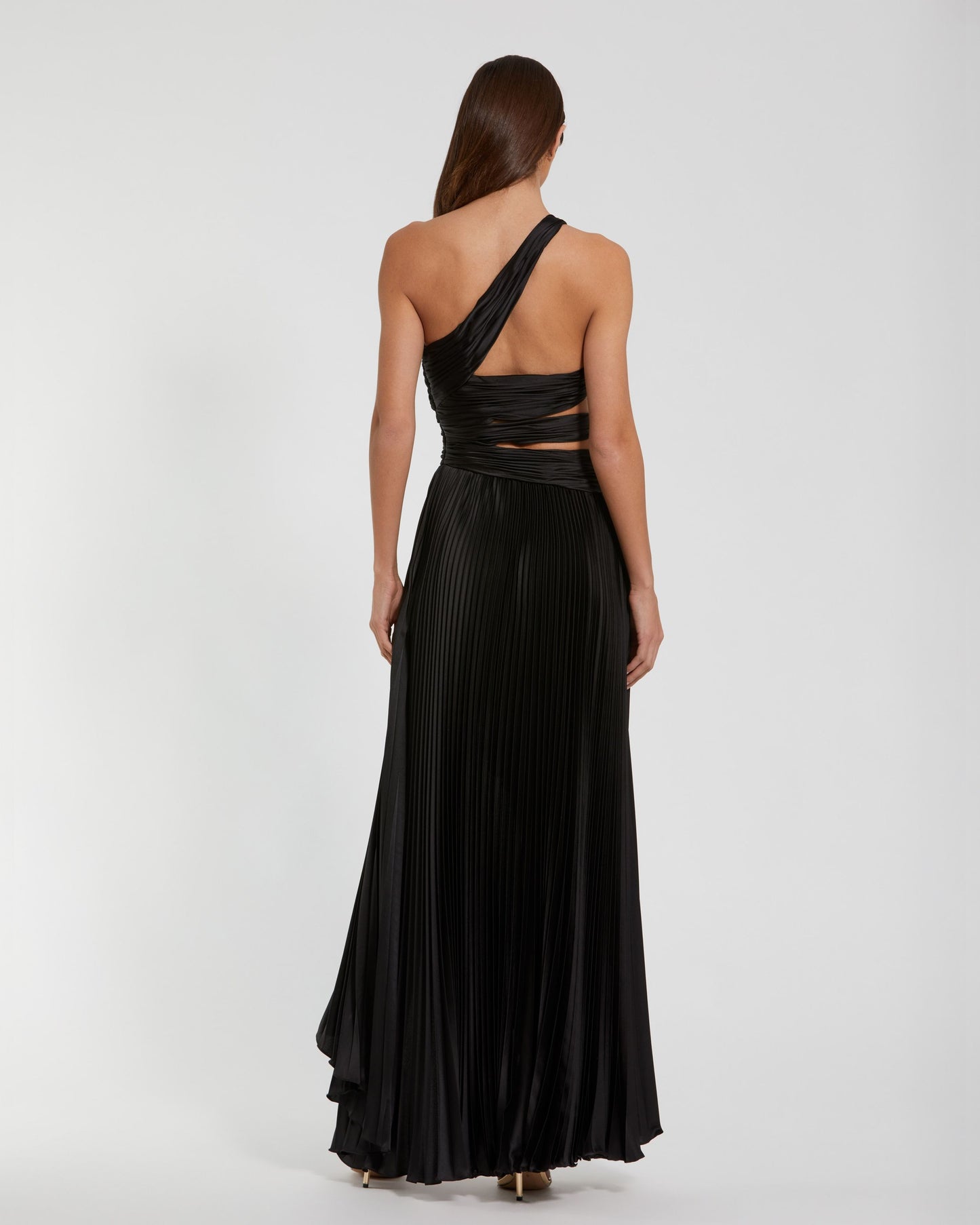 Black One Shoulder Pleated Charmeuse Gown with Slit Ieena for Mac Duggal