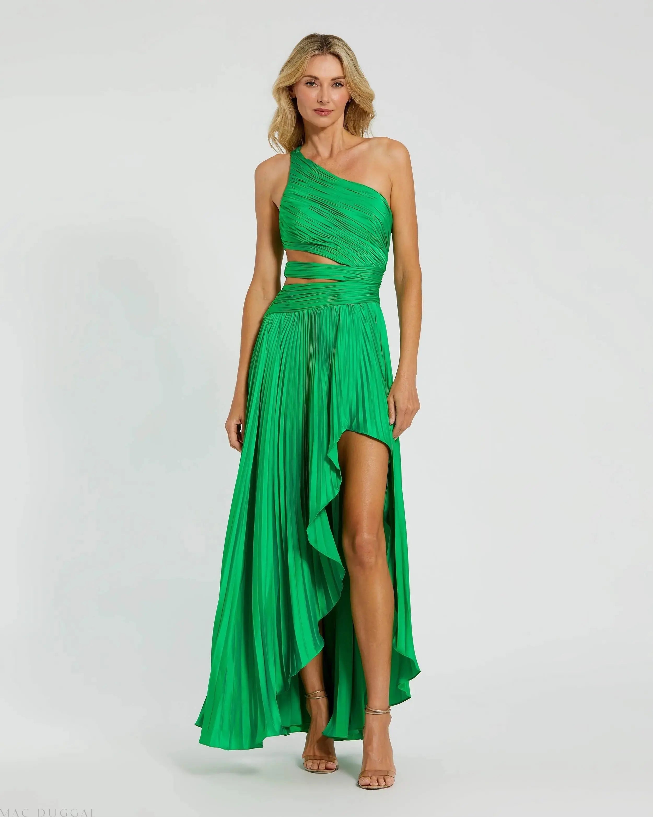 Green One Shoulder Pleated Charmeuse Gown with Slit | Mac Duggal Green One Shoulder Pleated Charmeuse Gown with Slit | Mac Duggal