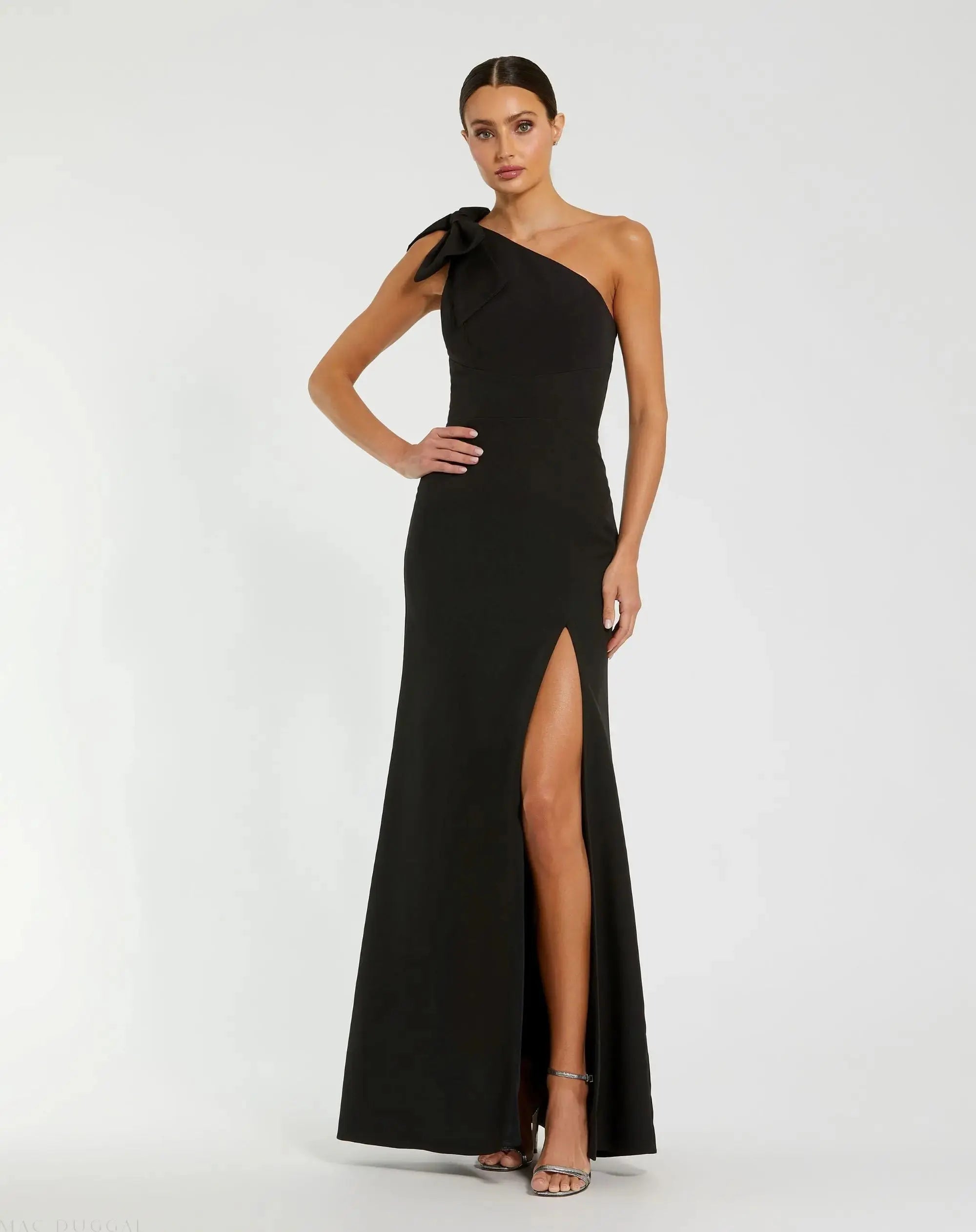 Black Crepe One Shoulder Fitted Evening Gown With Bow | Mac Duggal Black Crepe One Shoulder Fitted Evening Gown With Bow | Mac Duggal